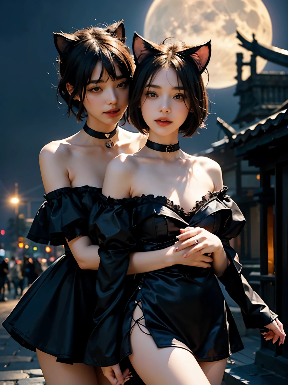 ( two girls :1.2)、whole body、( Gothic World Tea Party :1.2)、( gothic fashion :1.2)、( they are kissing each other )、 ( Depict cute faces in detail )、 black hair、 short hair、 semi-long、 bob cut、 Hair bangs、 hair ornament、(Cat ears)、 black cat costume、 White cat costume 、 choker 、( lingerie)、 off shoulder 、 sexy mini dress、, , charming smile、 small breasts、 soft focus、 Cinematic Light 、Soft light、 ( simple background)、( dark background )、(( Use a blank background ))、(Full moon in the night sky:1.2)、4K Anime Art、( best quality , Masterpiece, high resolution)、