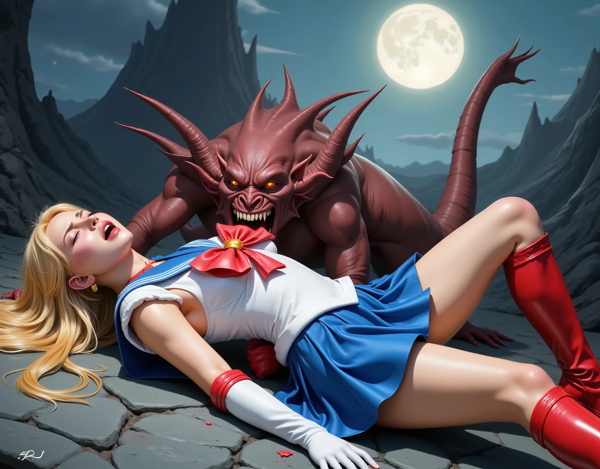 Hyperrealism, masterpiece, highest quality, A young beautiful Japanese woman is laying down flat on the dirt, bright white skin, wound, injury, crying in severe pain, painful face, Wearing a Sailor Moon costume, Blue sailor collar, Blue mini pleated skirt, Long white gloves, shiny beige color pantyhose, red high boots, Exposed thighs, Red long boots, choker, Blonde Hair, Very long blonde hair, (fearful face), close eyes, Bright full moon, a big fierce devil is crawling on her body, crawling attach to her body, holding her body down, devil's hand on her legs, volcano background,