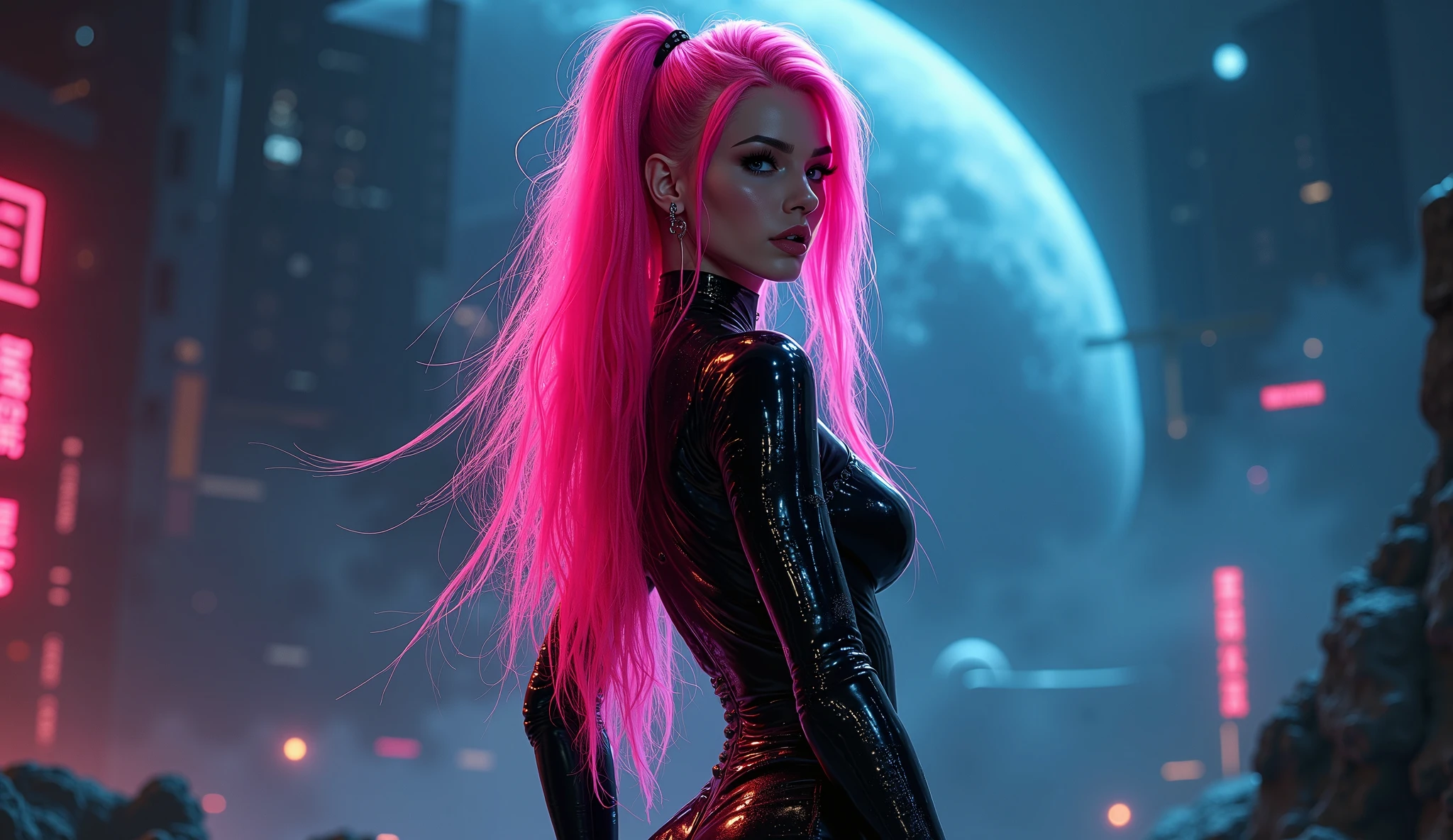 Cyber girl with pink hair and a black outfit standing in a futuristic ...