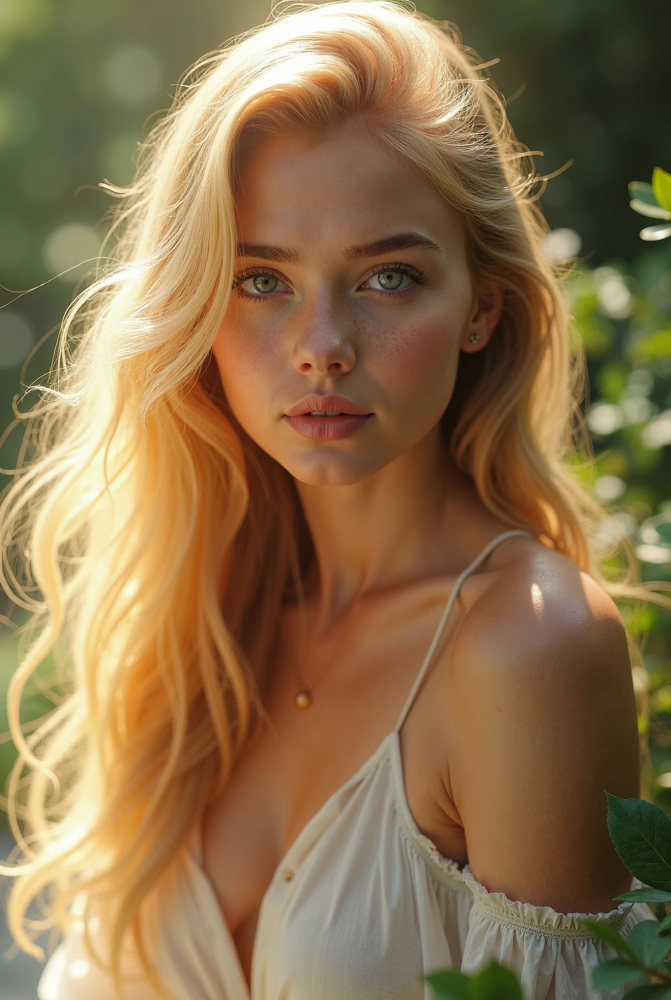 Waist up view of a Super detail beautiful elf-girl 20 years old. wearing a transparent cotton top, UHD, 4k, 8k, cinematic, blonde hair, influences of Dolly Little and Maddie Collins.