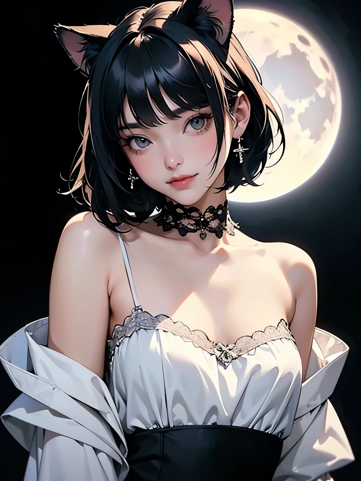 ( two girls :1.2)、whole body、( Gothic World Tea Party :1.2)、( gothic fashion :1.2)、( they are kissing each other )、 ( Depict cute faces in detail )、 black hair、 short hair、 semi-long、 bob cut、 Hair bangs、 hair ornament、(Cat ears)、 black cat costume、 White cat costume 、 choker 、( lingerie)、 off shoulder 、 sexy mini dress、, , charming smile、 small breasts、 soft focus、 Cinematic Light 、Soft light、 ( simple background)、( dark background )、(( Use a blank background ))、(Full moon in the night sky:1.2)、4K Anime Art、( best quality , Masterpiece, high resolution)、