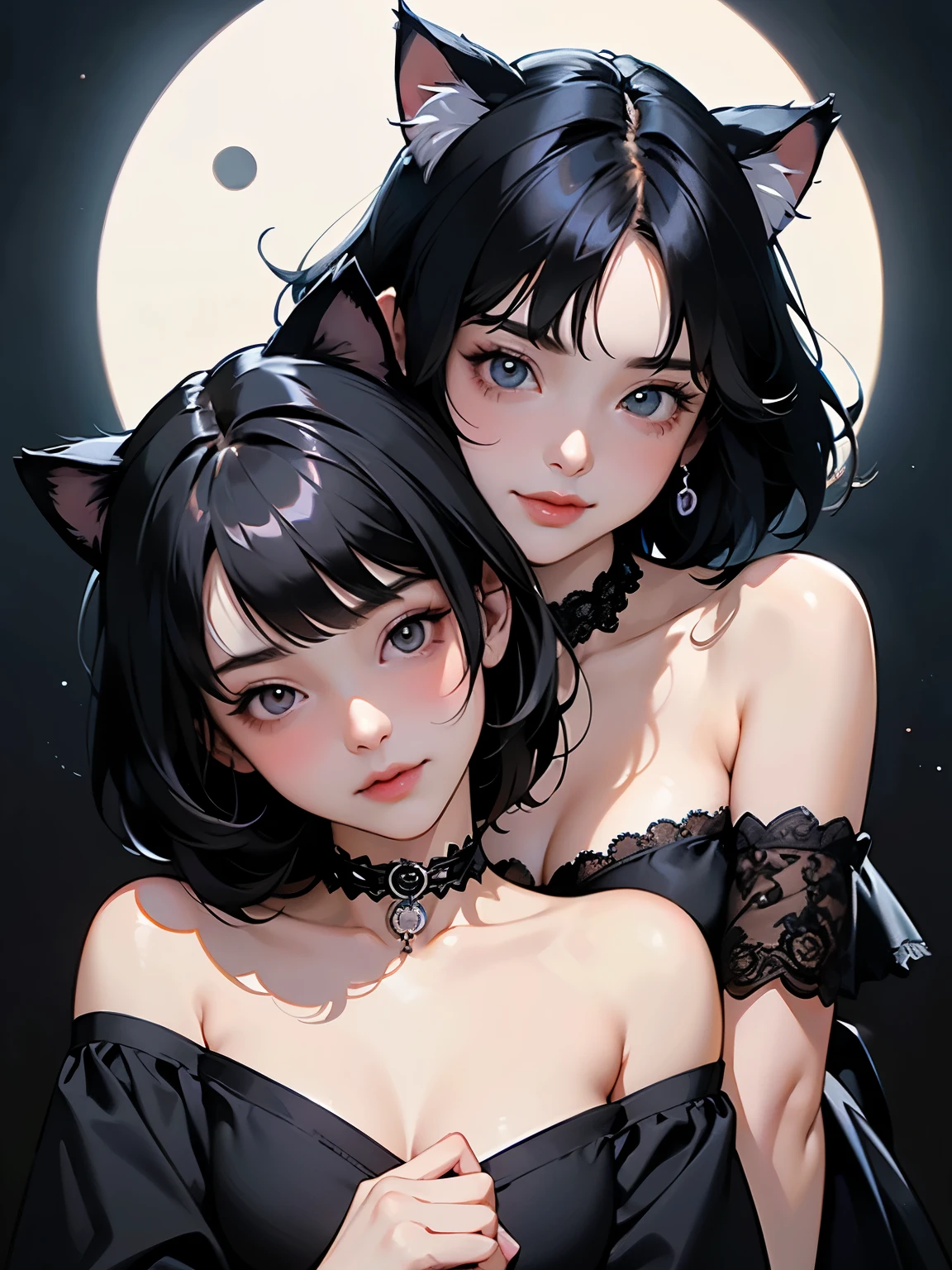 ( two girls :1.2)、whole body、( Gothic World Tea Party :1.2)、( gothic fashion :1.2)、( they are kissing each other )、 ( Depict cute faces in detail )、 black hair、 short hair、 semi-long、 bob cut、 Hair bangs、 hair ornament、(Cat ears)、 black cat costume、 White cat costume 、 choker 、( lingerie)、 off shoulder 、 sexy mini dress、, , charming smile、 small breasts、 soft focus、 Cinematic Light 、Soft light、 ( simple background)、( dark background )、(( Use a blank background ))、(Full moon in the night sky:1.2)、4K Anime Art、( best quality , Masterpiece, high resolution)、