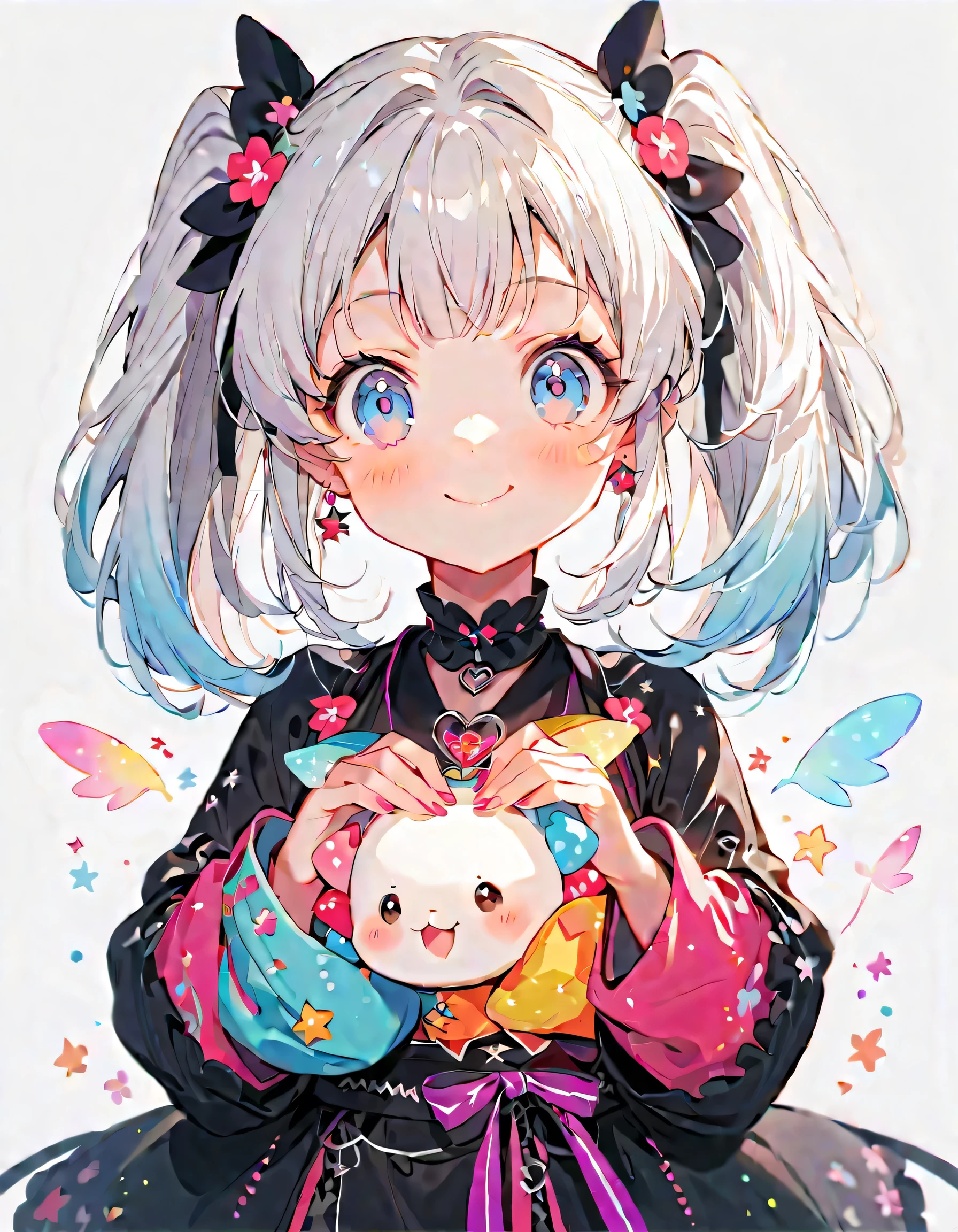  1 girl，，Blink，  cutest girl in the world  ，Wear a colorful and cute goth kimono costume,Star Fairy,Wear a colorful and cute goth kimono costume with little fairy feathers growing from above your waist 、 simple background、 Best Details 、smile、 milky white and blue gradation hair color、
