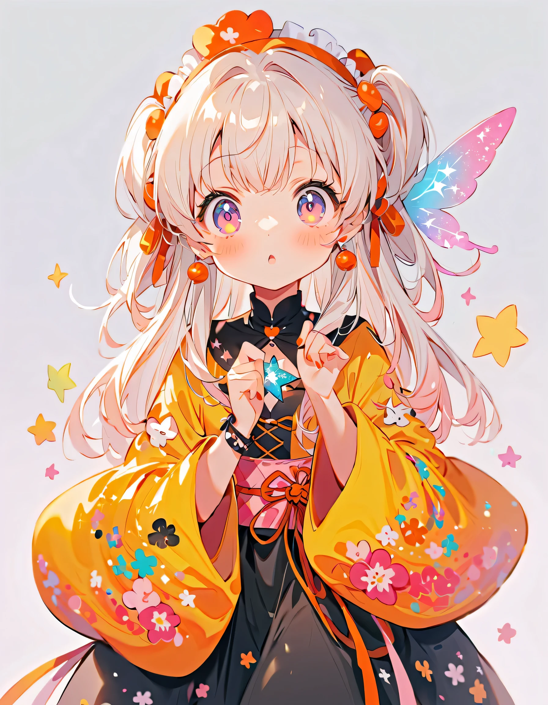  1 girl，，Blink，  cutest girl in the world  ，Wear a colorful and cute goth kimono costume,Star Fairy,Wear a colorful and cute goth kimono costume with little fairy feathers growing from above your waist 、 simple background、 Best Details 、