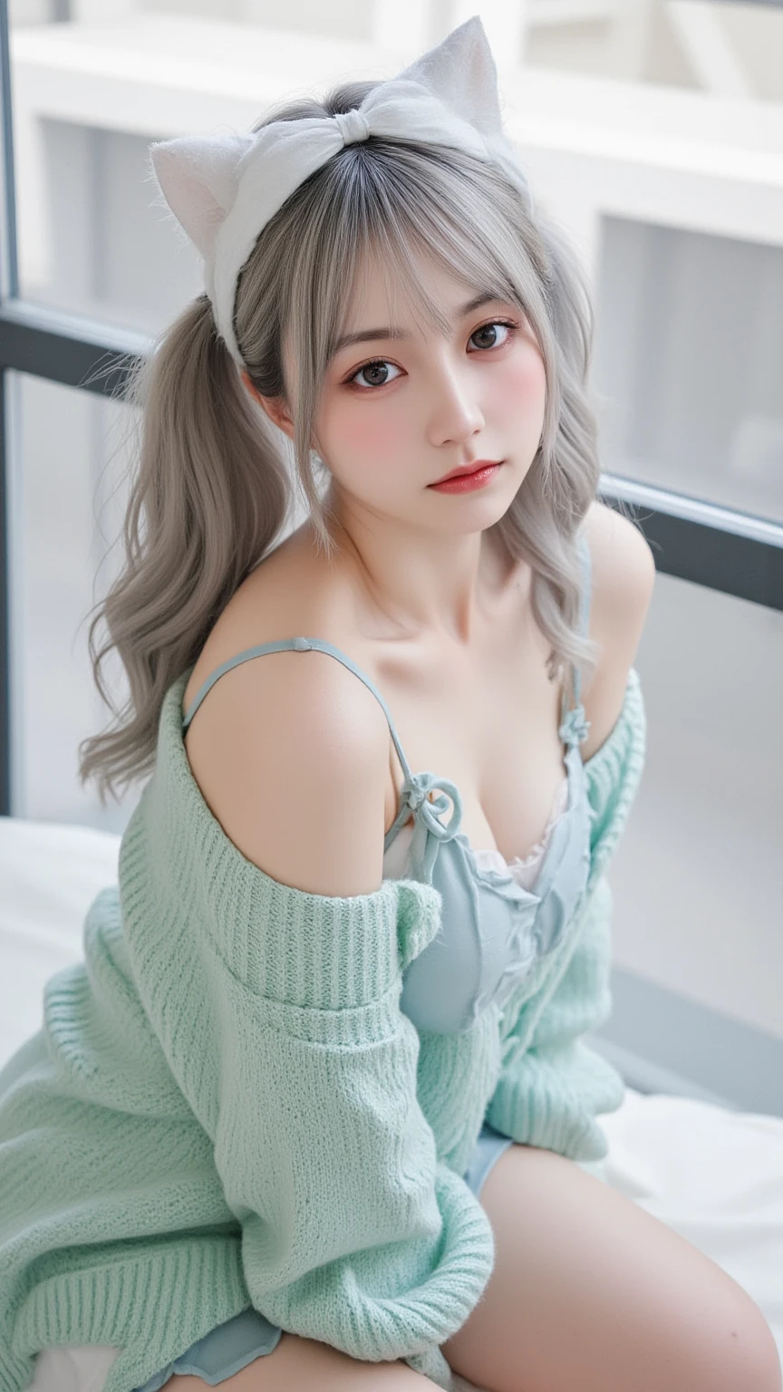 One girl, (Sagging under the eyes:1.5), Mint green hair, twin_Braiding, White Beret, White shirt, Floral tie