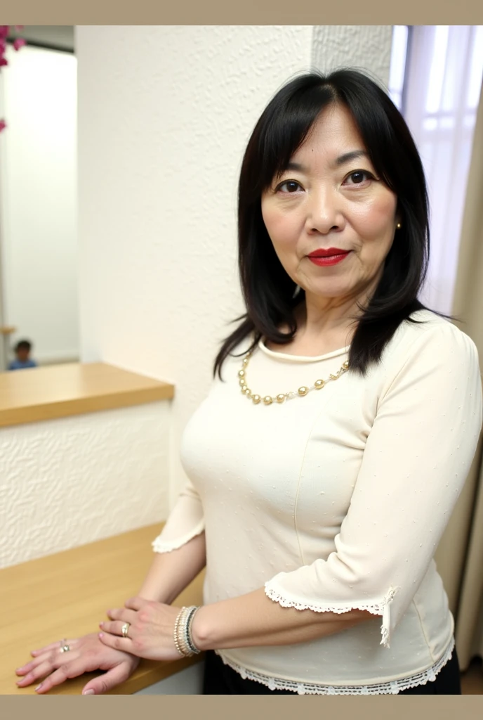 65 years old female
Tea ceremony club advisor
Classics teacher
Suffers from back pain
Hobbies Karaoke especially Enka
Skinny build
Wears red-rimmed glasses
Likes cocktails