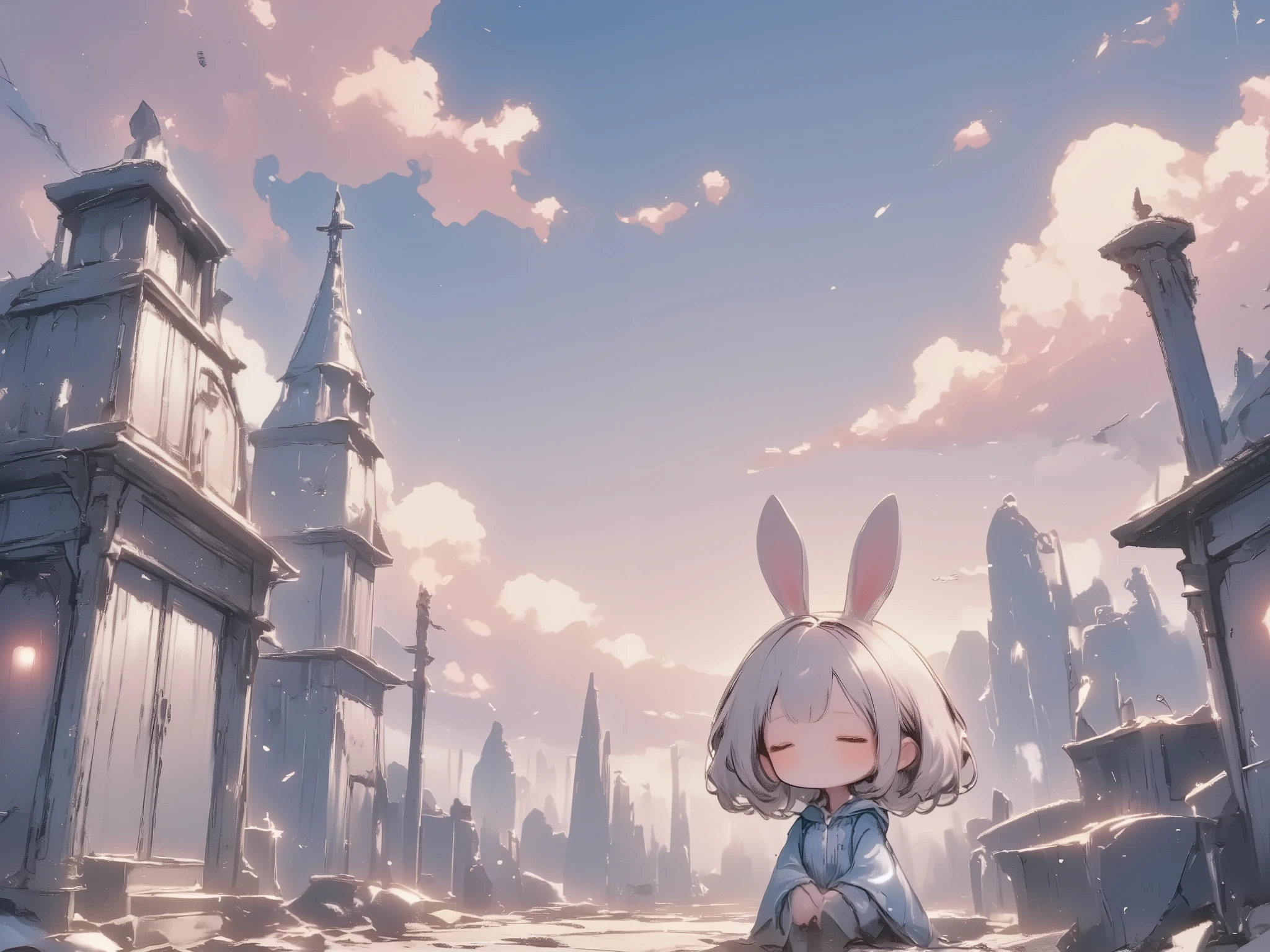 Flat Design, Silhouette Art,anime style, 1chibi character\(short hair, bunny ears, closed eyes,white skin,peaceful expression,hzk,[monochrome,dark gothic illustration:Pastel gradation color,dreamy illustration:0.3],\),solo,gentle glow, gradient background,gray and soft blue and soft pink,derelict graveyard, focus on silhouette symmetry,best quality, minimalism, simple background, 