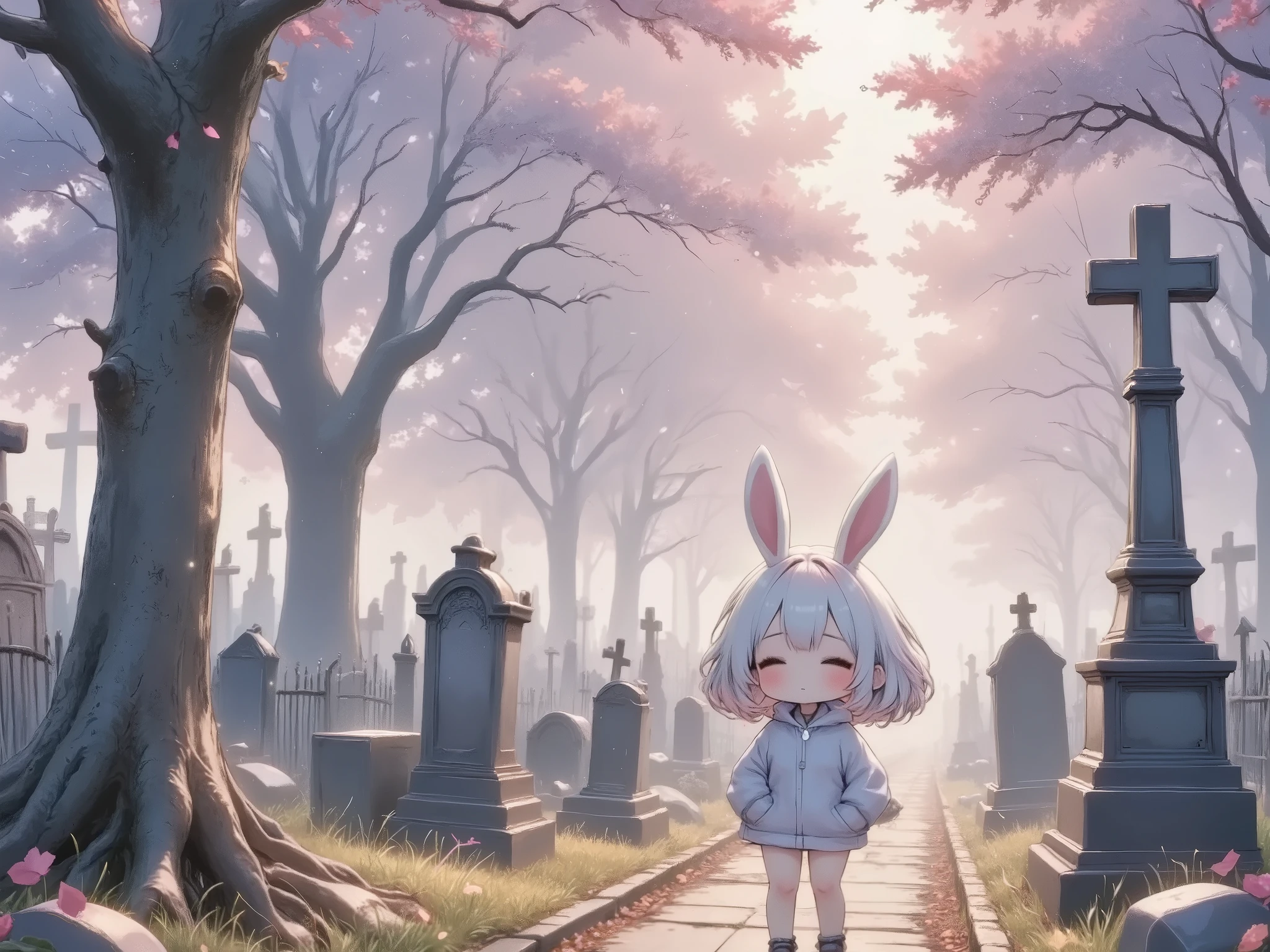 Flat Design, Silhouette Art,anime style, 1chibi character\(short hair, bunny ears, closed eyes,white skin,peaceful expression,hzk,[monochrome,dark gothic illustration:Pastel gradation color,dreamy illustration:0.3],\),solo,gentle glow, gradient background,gray and soft blue and soft pink,derelict graveyard, focus on silhouette symmetry,best quality, minimalism, simple background, 