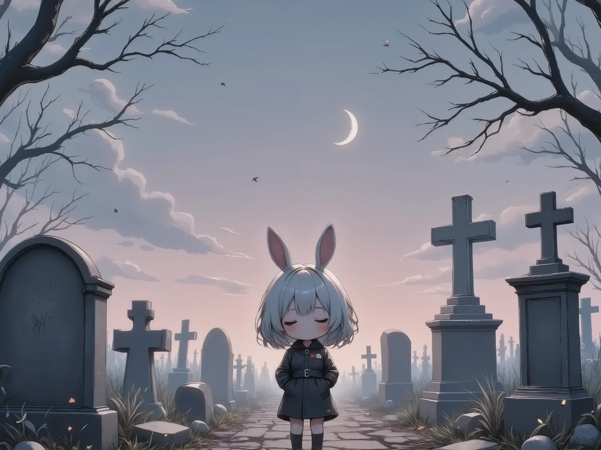 Flat Design, Silhouette Art,anime style, 1chibi character\(short hair, bunny ears, closed eyes,white skin,peaceful expression,hzk,[monochrome,dark gothic illustration:Pastel gradation color,dreamy illustration:0.3],\),solo,gentle glow, gradient background,gray and soft blue and soft pink,derelict graveyard, focus on silhouette symmetry,best quality, minimalism, simple background, 