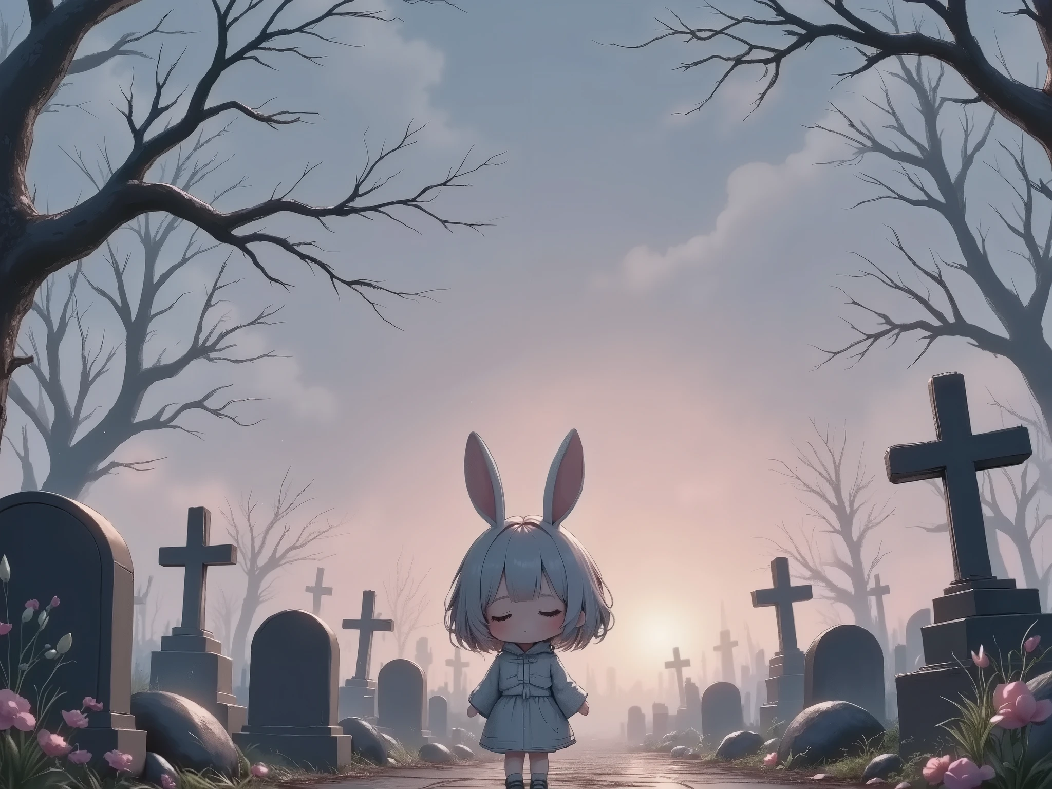Flat Design, Silhouette Art,anime style, 1chibi character\(short hair, bunny ears, closed eyes,white skin,peaceful expression,hzk,[monochrome,dark gothic illustration:Pastel gradation color,dreamy illustration:0.3],\),solo,gentle glow, gradient background,gray and soft blue and soft pink,derelict graveyard, focus on silhouette symmetry,best quality, minimalism, simple background, 