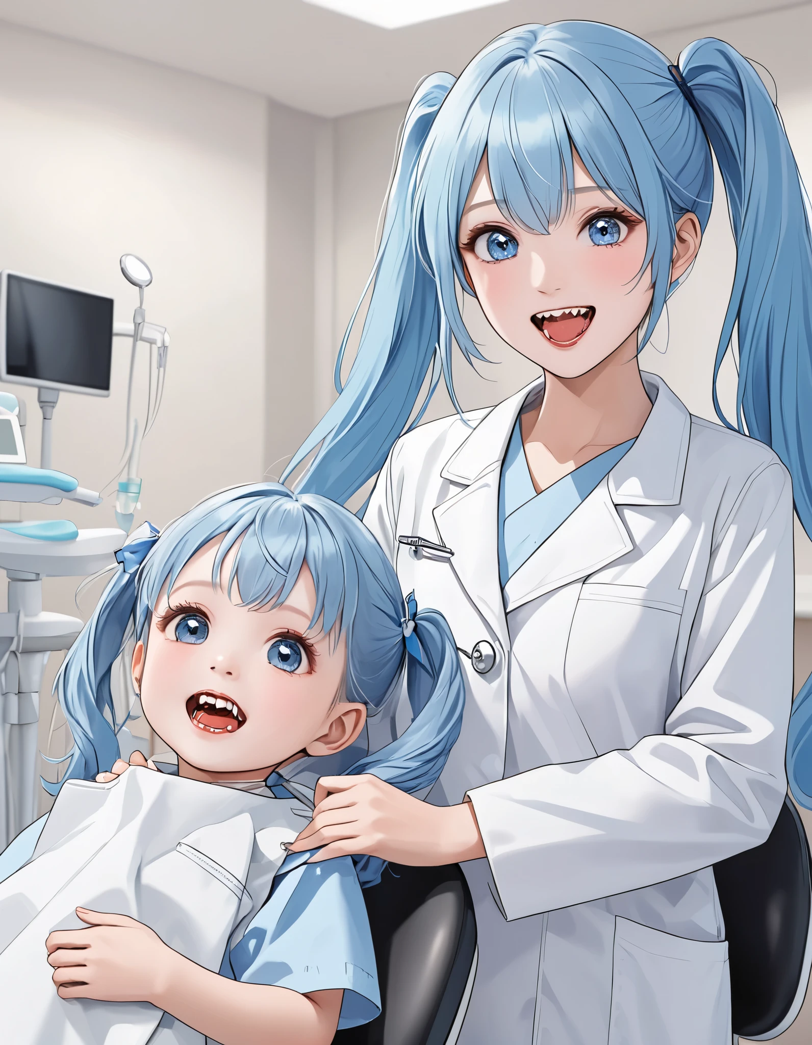 light blue long hair 、 the dentist with a beautiful girl with twin tails 、 I'm wearing a white coat、 the dentist who treats the little one's teeth、Little s have mouths、Dental clinic background