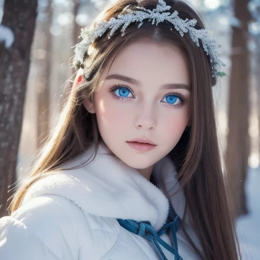 Realistic, photorealistic, Snow winter fairy, gentle beautiful 19 years old woman, in mystic winter forest, ice silver hair, small crown of ice, no makeup, beautiful detailed face, cute sexy, pleasure, beautiful eyes, perfect bright eyes, full body, dinamic pose, white dress of ice particles, perfect anatomy, Slim physique, professional photography, bird's eye viewing, magical aesthetic, fantasy aura, cinematic light, Centered image, human hands, elegant, approaching perfection, cannon 6d, blured background of mystical winter forest, winterstormfine facial traits, (depth of field), cinematic