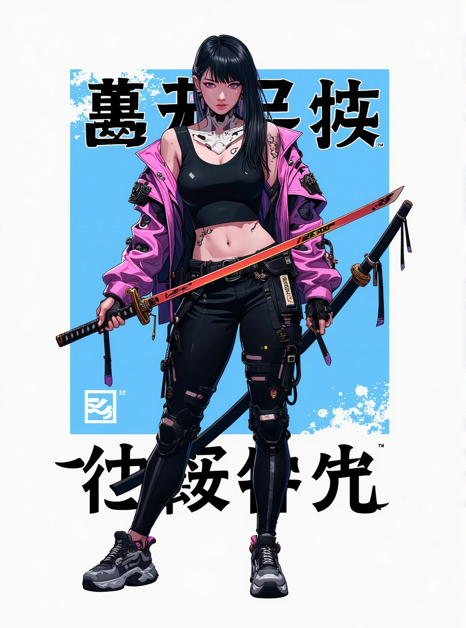 a woman in a black outfit holding a sword and a pink jacket, very beautiful cyberpunk samurai, cyberpunk samurai, cyberpunk geisha, kunoichi, traditional japanese concept art, katana zero video game character, female samurai, inspired by Kanō Hōgai, portrait ninja gaiden girl, demon slayer artstyle, goth ninja, by Okada Beisanjin