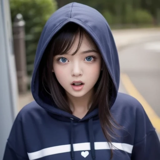 HDR, 4K, detailed.
girls, cutie face, makeup.
brunette, wavy hair.
blue hoodie, hooded cat ears.
pink leggings.
hand on cheeks, cute puffy cheeks.
poster cover, at carnival background.