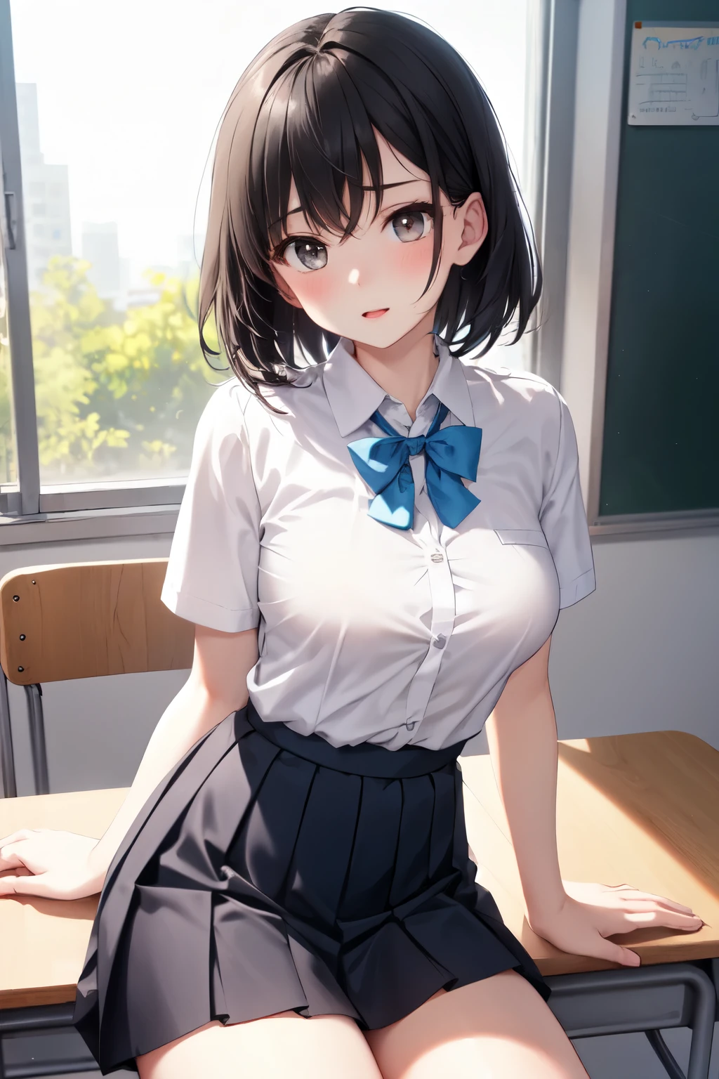 1 girl, , Dynamic posing, dynamic angle, Arrange pose,Top quality work,Show Legs,(short black hair),(blue eyes), Rose cheeks, Pretty Face, A perfectly proportioned face, school white shirt with red bow and black skirt, (school uniform), (school white shirt), white stockings,school, in classroom,