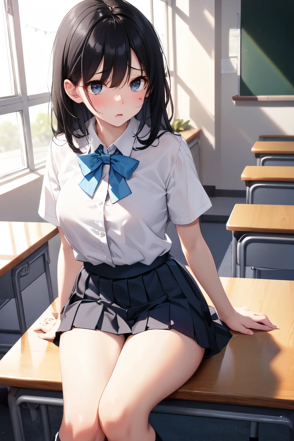 ((realistic)),((masterpiece,Highest quality:1.3,best quality illustration)),cowboy shot,独奏,1woman,18 year old beauty、black hair,short bob hair,bangs,black eyes,(gorgeous big eyes),((very small head:1.3)),smile,((very long body,:1.2,skinny)),((tan skin:1.4)),small breasts,(Collared short-sleeved shirt、redbow,Navy blue pleated mini skirt),gleaming skin,oily skin,slender body,sweat,machine、classroom、School、Tokyo、