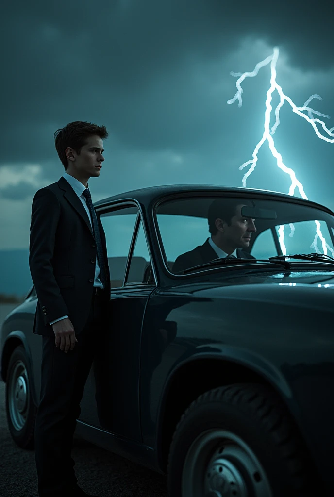 A boy in formal dress  Man in a car with beard and lightning and background 