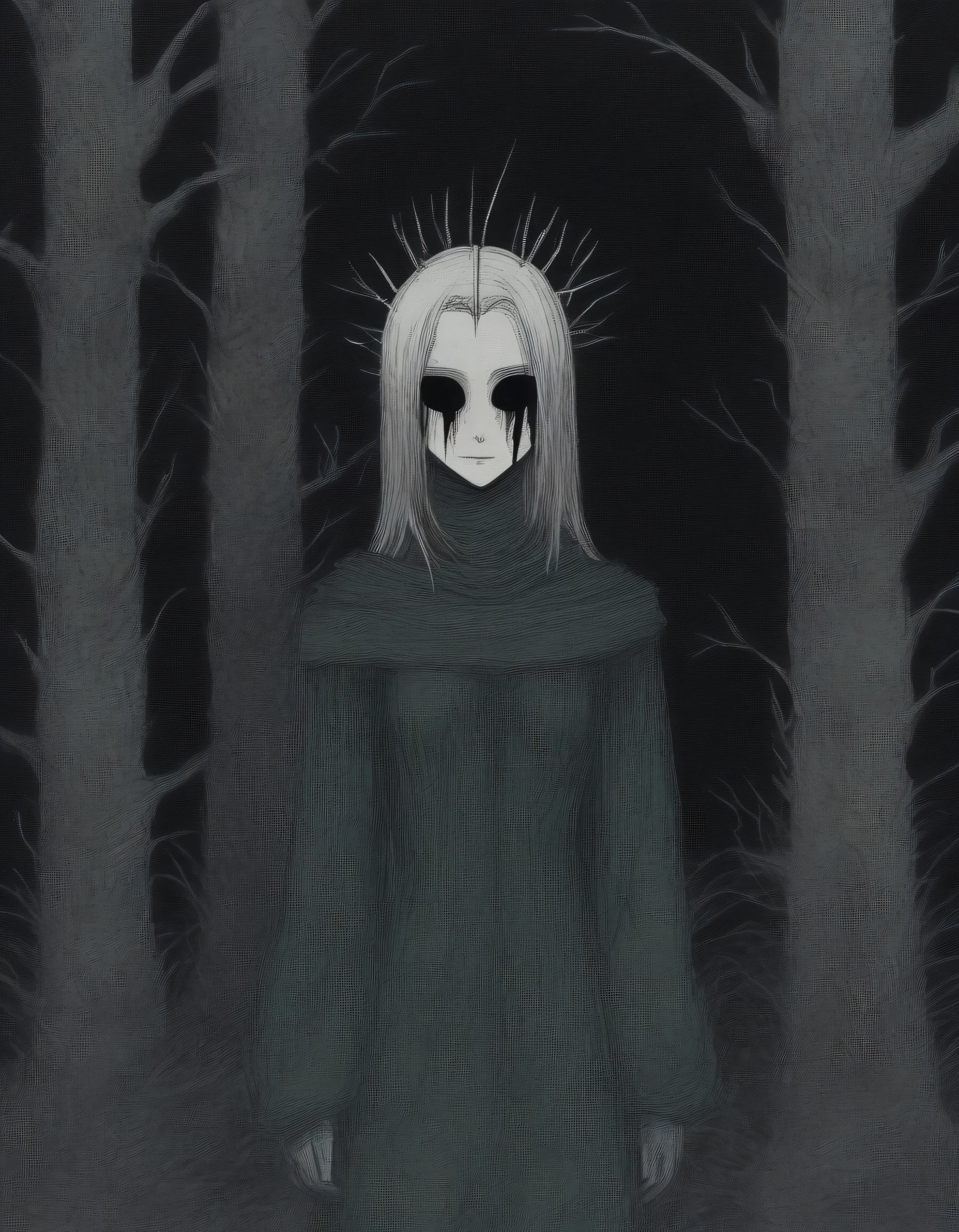 In the heart of an ancient and dark forest , a place where the air seems heavy and full of secrets , a woman who is immovable . This forest, with gigantic trees with twisted trunks and branches that intertwine like deformed hands , emits a sense of danger and mystery , a place that only a madman or a desperate person would dare to enter . The light It's barely enough to highlight the shadows that are cast between trees , making the environment feel oppressive and sinister . The woman is standing, looking directly at the camera with a completely empty expression . Neither curiosity nor indifference are reflected in his eyes ; her face is an unscrupulous mask , as if he had abandoned any emotion or as if he had never known them . She wears armor combined with fabrics in worn gray tones , with details in dark green and red that seem to have been dyed by time or past battles. The pieces of her clothes are worn out , but they are not without purpose , as if each fragment told a story of resistance and oblivion . The contrast between the stillness His figure and the latent chaos of the forest is disturbing . His presence does not seem to belong to the human world , Nor is the forest itself , like an enigma that defies any logic . The breeze barely moves the layers of his armor and fabric , the silence around her feels deafening , amplifying her aura of mystery .