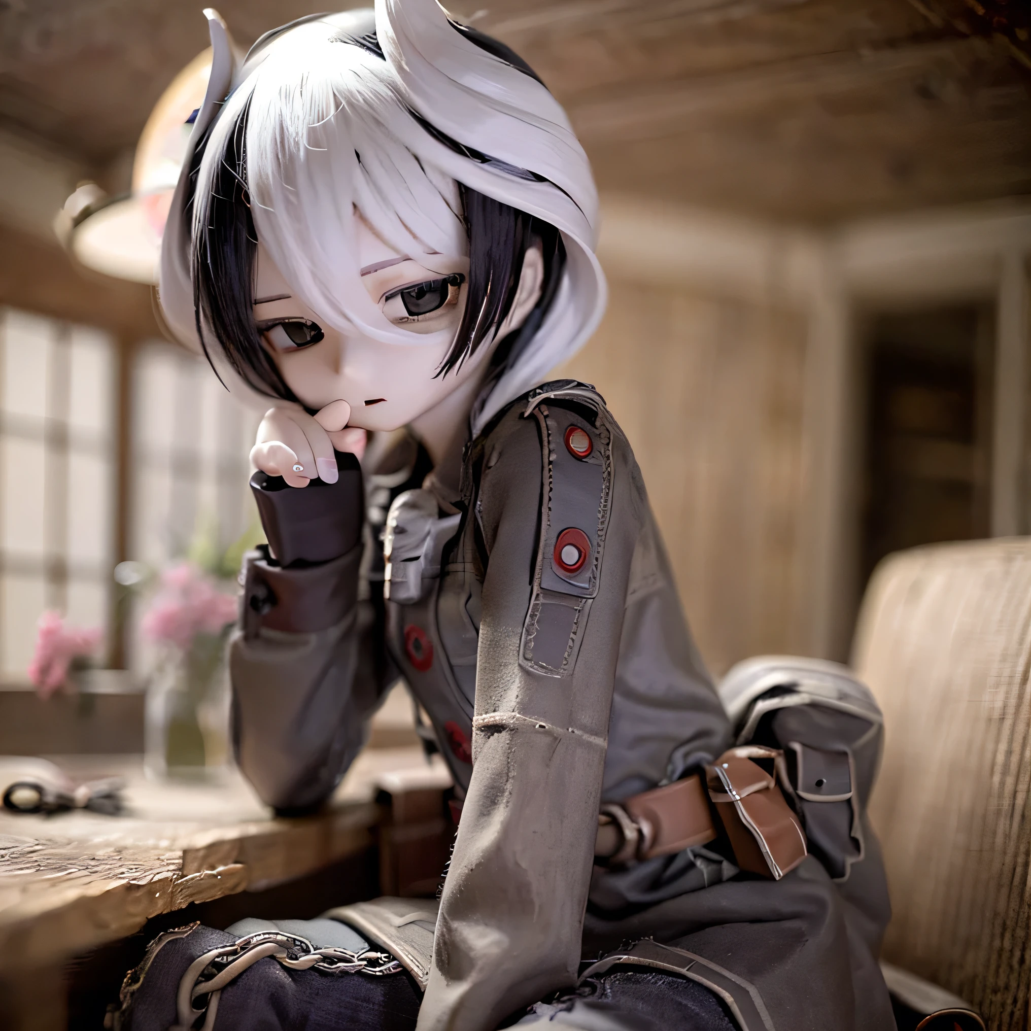  Made in Abyss 2 Meters Ozen,  Beautiful Attention to Details,  Beautiful Lip Details ,  highly detailed eyes and face, long eyelashes,  Skillfully Crafted Machine Body , device, pipe,  wire,  Highly Detailed Metal Parts , advanced technology,  future, Cool Metallic Colors ,  dark color ,  Chiaroscuro Lighting ,  dramatic lighting,  movie,  Award-Winning Digital Art,  epic scale, Masterpiece、 sit on a chair and cross your legs