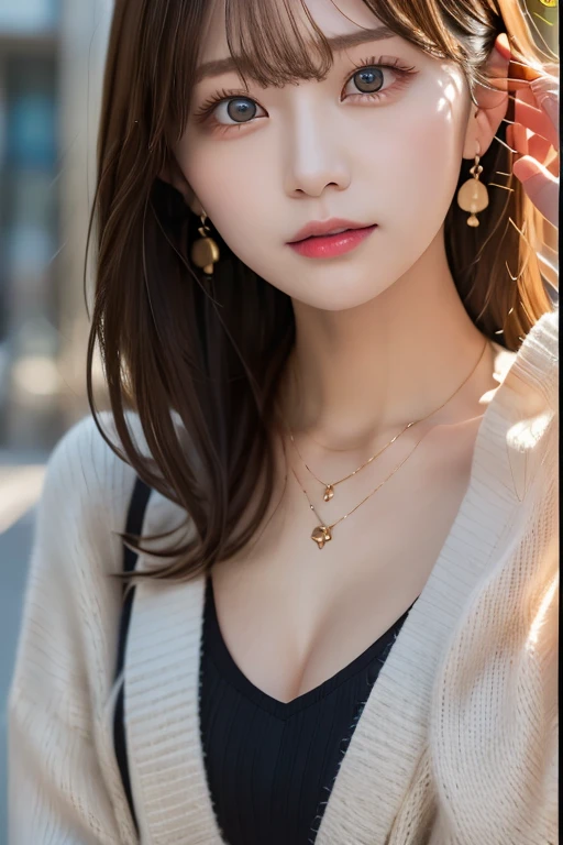 realistic photorealistic photo-realistic 8k high quality masterpiece portrait of a beautiful russian woman in her 20s with light brown hair, fine white skin, attractive face, tight waist, cleavage, smiling kindly, wearing stylish clothes and necklace, active posing , detailed eyes, nose, lips, long eyelashes, perfectly balanced body, rough long hairstyle, best image quality