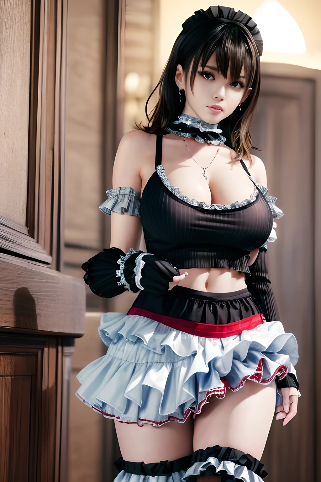1girl, BREAK (white and black theme:1.4), (fusion of (sleeveless white high neck and collared [crop top]) and (black puff sleeves):1.4), (white tops and black short sleeves:1.2), (wearing a white half apron over a black skirt:1.4), (waist cincher:1.3), (white half apron), ((white maid head-band with ruffles on head, white brim on head):1.3), (white thigh high stockings:1.4), ((white arm warmers, white long glove):1.3), BREAK (light-blue theme:1.2), (light-blue lines on skirt:1.3), (light-blue ribbon bow:1.3),  , appealing cleavage,( beautiful tattoo:1.2), overhead view, beautiful detailed eyes, beautiful detailed lips, extremely detailed eyes and face, long eyelashes, feminine charm, detailed texture, snug fit, fashionable, soft fabric, radiant skin, (best quality,4k,8k,highres,masterpiece:1.2), ultra-detailed, (realistic,photorealistic,photo-realistic:1.37),nanami