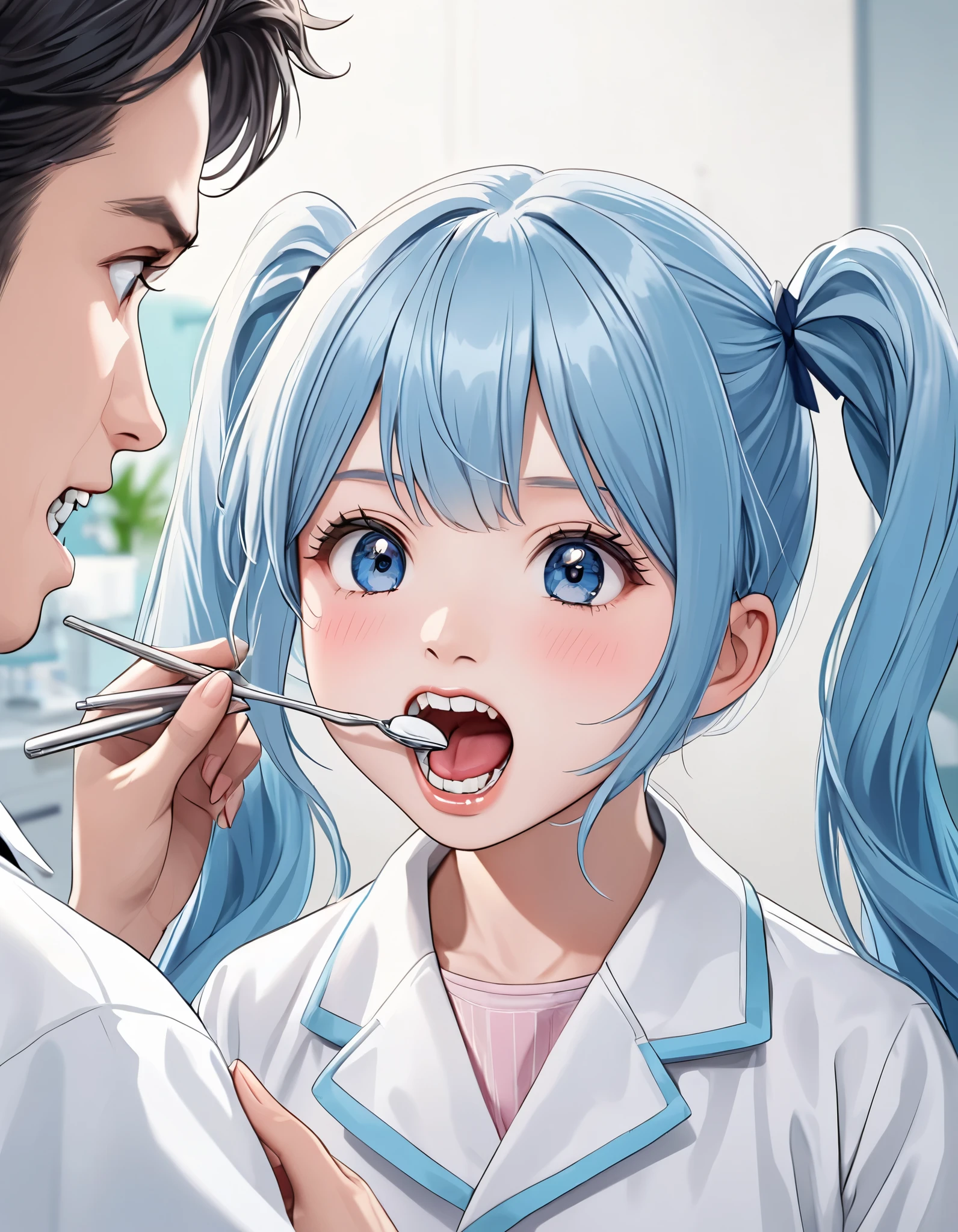 light blue long hair 、 the dentist with a beautiful girl with twin tails 、 I'm wearing a white coat、 Dentists Who Seriously Treat Little Teeth、Little s Are Opening Their Mouth 、Dental clinic background