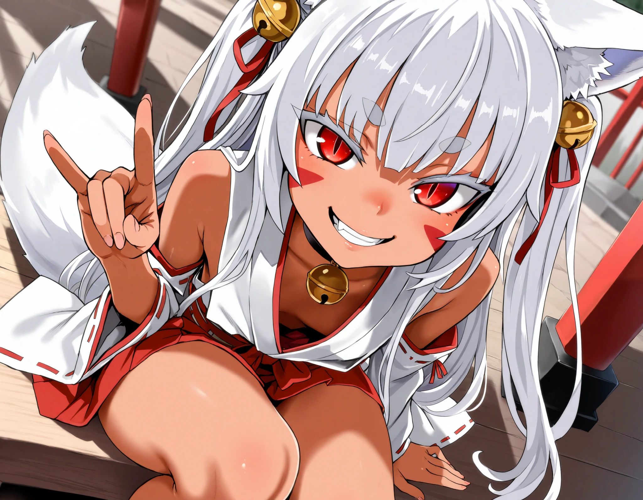 (best quality, highest quality:1.2), masterpiece, Ultra-high resolution, rich contrasts, HD, 8k, fine skin, no makeup, ideal ratio body proportions,
1girl, anime girls, asanagi style, mesugaki, dark skin, tan, red eye, slit pupils, ((white fox ear, white fox tails)), Wicked Smile, evil grin, fang,
very long two side up, white Hair, thick eyebrows, red highlights hair, Hair ribbon bell, bell choker, bimbo, ((dim body)), flat_chest, (facial mark), (Corona Hand Gesture),
nontraditional miko, bare shoulders, miko, red obi sash, red short skirt, skirt cutout, shirt in, downblouse,
looking at viewer, lewd, cute, big eyes, ero, ecchi, Sitting with Knees Up,
Score_9,Score_8,score_7_up,source_anime, rating_questionable, shrine,
