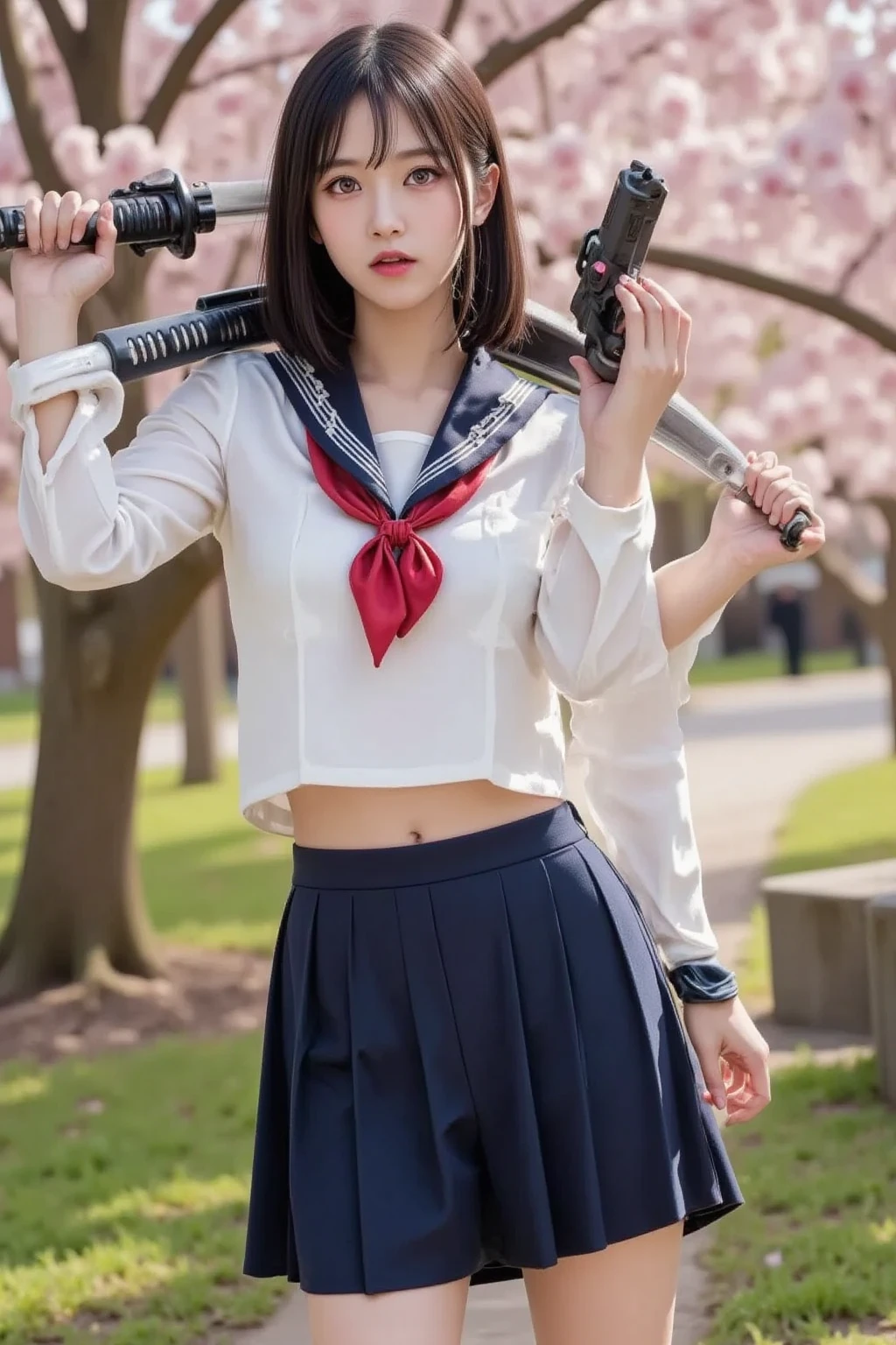 ((Battle Royale in the ruins of the city)), ((Sailor suit and high-waisted pleated skirt)), (((Hold a concealed weapon))), (beautiful girl, Baby Face:1.3, Idol Face), (Small and slender figure), (Slender body line), (Beautiful breasts:1.2), (Small beautiful butt:1.2), (Narrow waist:1.2), (Highest quality, 8K, masterpiece:1.2), (Detailed eyes and face:1.3), (Detailed hands:1.2), (Reality:1.4), (Professional photography techniques, Cinema Lighting), (View the viewer:1.3), ((Desperate look)), (Perfect Anatomy:1.4)
