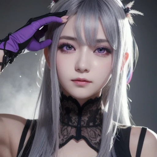 A succubus mommy with long light purple pink hair, black horn in the head, beuty detailed face, detaile face, good quality, perfect big booba, wearing a black dress