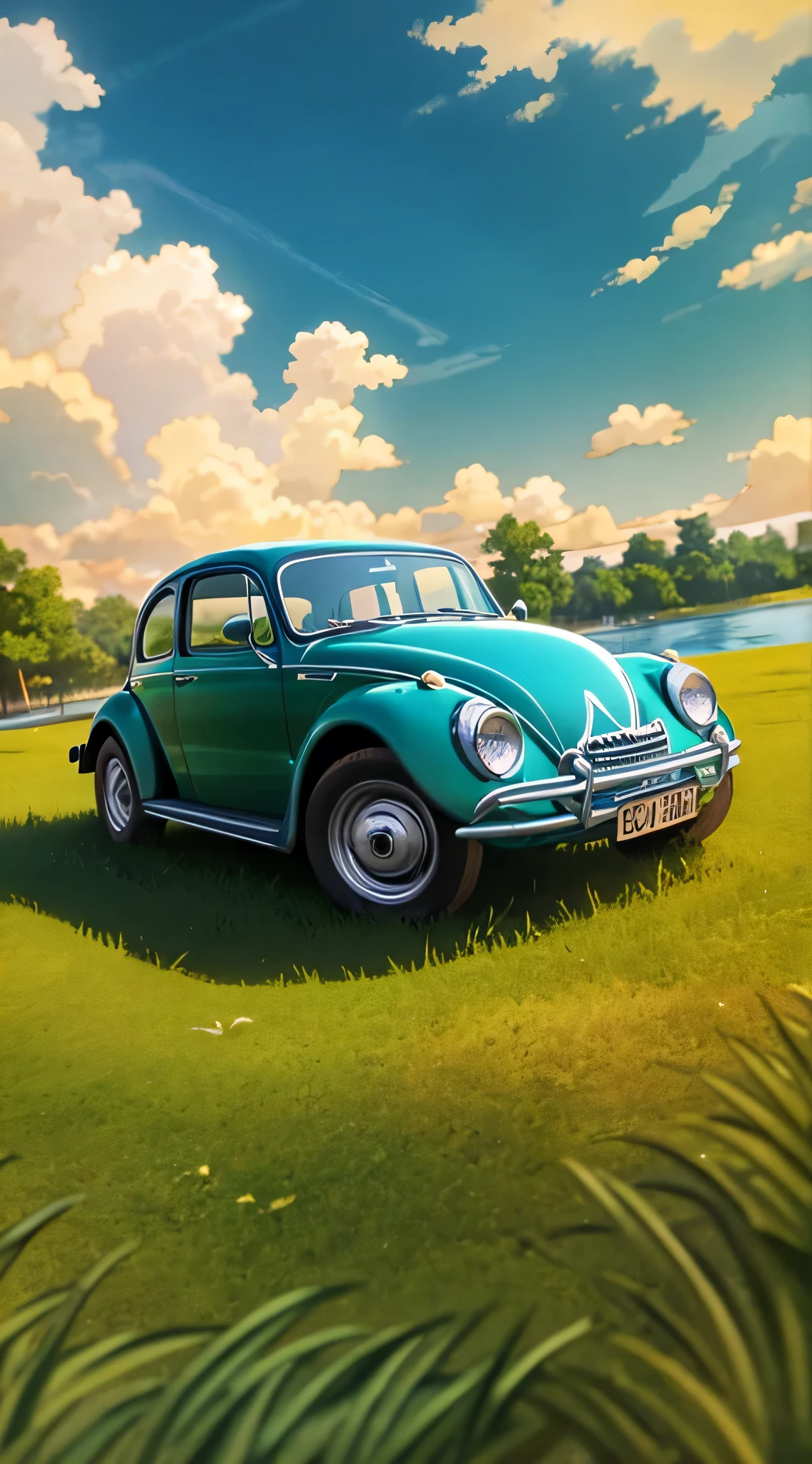 arafed beetle parked in a field with a lake in the background, beetle, beetle-inspired, hyperreal highly detailed 8 k, nostalgic 8k, highly detailed hyper real retro, 8k octane render photorealistic, 8k restored and remastered, cinematic front shot, ghibli. octane render, fine details 8k octane rendering, high quality bug pov shot,HD, (Masterpiece), Best Quality, High Resolution, Smile, ((Young Man)), Extremely Detailed Wallpaper, Perfect Lighting, (Extremely Detailed CG), Wallpaper, Colorful, Picture Book, Game CG,