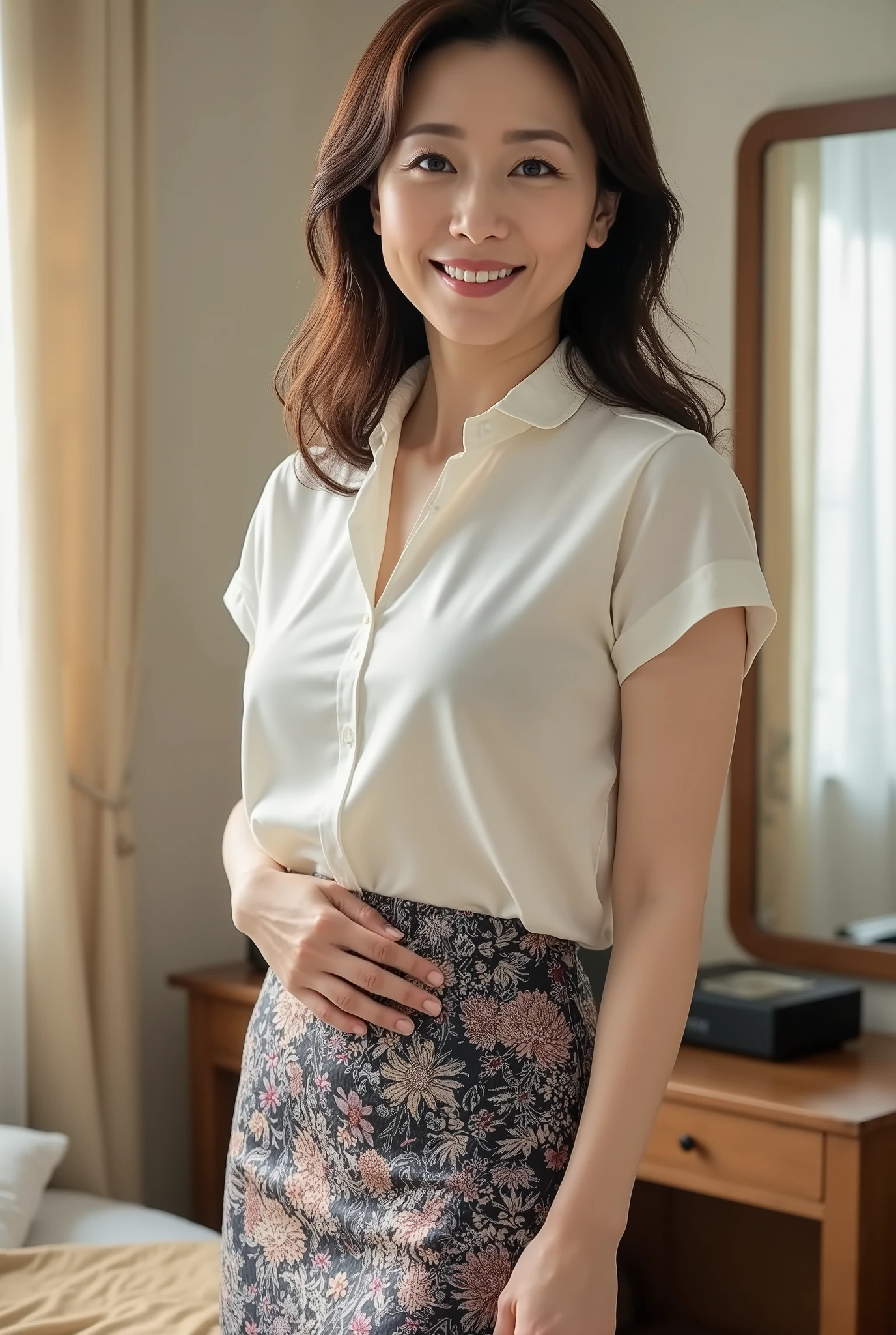mature woman、 Japanese 、48 years old (Mature Beauty: 1.5)、A gentle, bewitching smile 、( nasolabial folds :1.4)、 Natural Aging 、Warm Eyes 、(** Wave Hair**:1.3)、 Soft , Natural wrinkles 、 clean skin (1.4)、 sharp concentration 、 high definition 、 tall Highly detailed (1.4)、 unmatched beauty live venue 、(Eye Makeup:1.3)、 ( lipstick :1.2)、( eyeshadow)、( mascara)、((( J-cup big breasts :1.2 )))、 serious expressions at training camp 、 kind expression、 perfect feminine body line 、 beautiful posture to stand gracefully 、 Realistic and Realistic (1.4)、Masterpiece、 Top Quality、 is written in depth、 shirt、 physics-based rendering 、 charming atmosphere、(((襟が立っているスタンドカラーブラウス shirt)))、(((point: Shooting from the knee to the head )))、(( tight knee-length printed pencil skirt)) background: ベッドルームをbackgroundに。 pose:((( In the bedroom,、 plump、45-year-old woman)))。((( serious expression 、 kind expression:1.3)))
