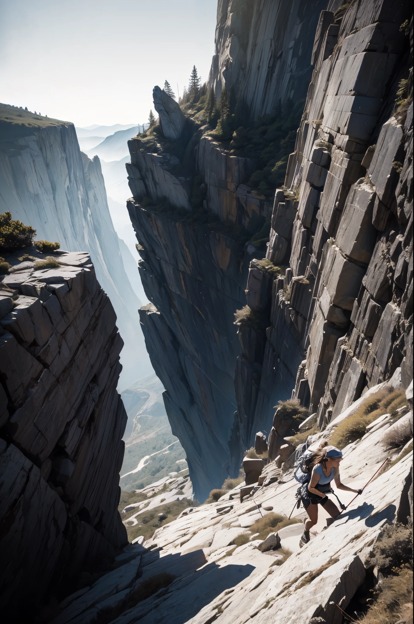 Pen pencil ink:: portrait of Female climber with a lean, athletic build, looking upward, ascending a rugged, weathered sheer cliffside, looking down vantage with dramatic shadows and highlights, with rocky outcroppings