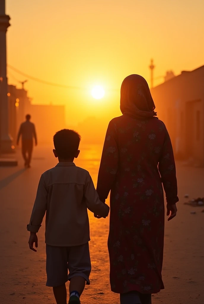 side view photo of a little asian boy, 3 year old, looking at the camera, walking behind his mother who is holding his hand, while he clutches his teddy bear, on the ruin of a city, sand cloud, heat, hazy, rubles, debris, desaturated, low contrast, cinematic