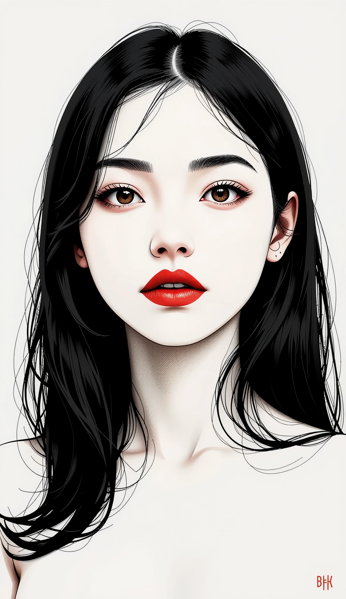 A drawing of a woman with long black hair and red lipstick - SeaArt AI