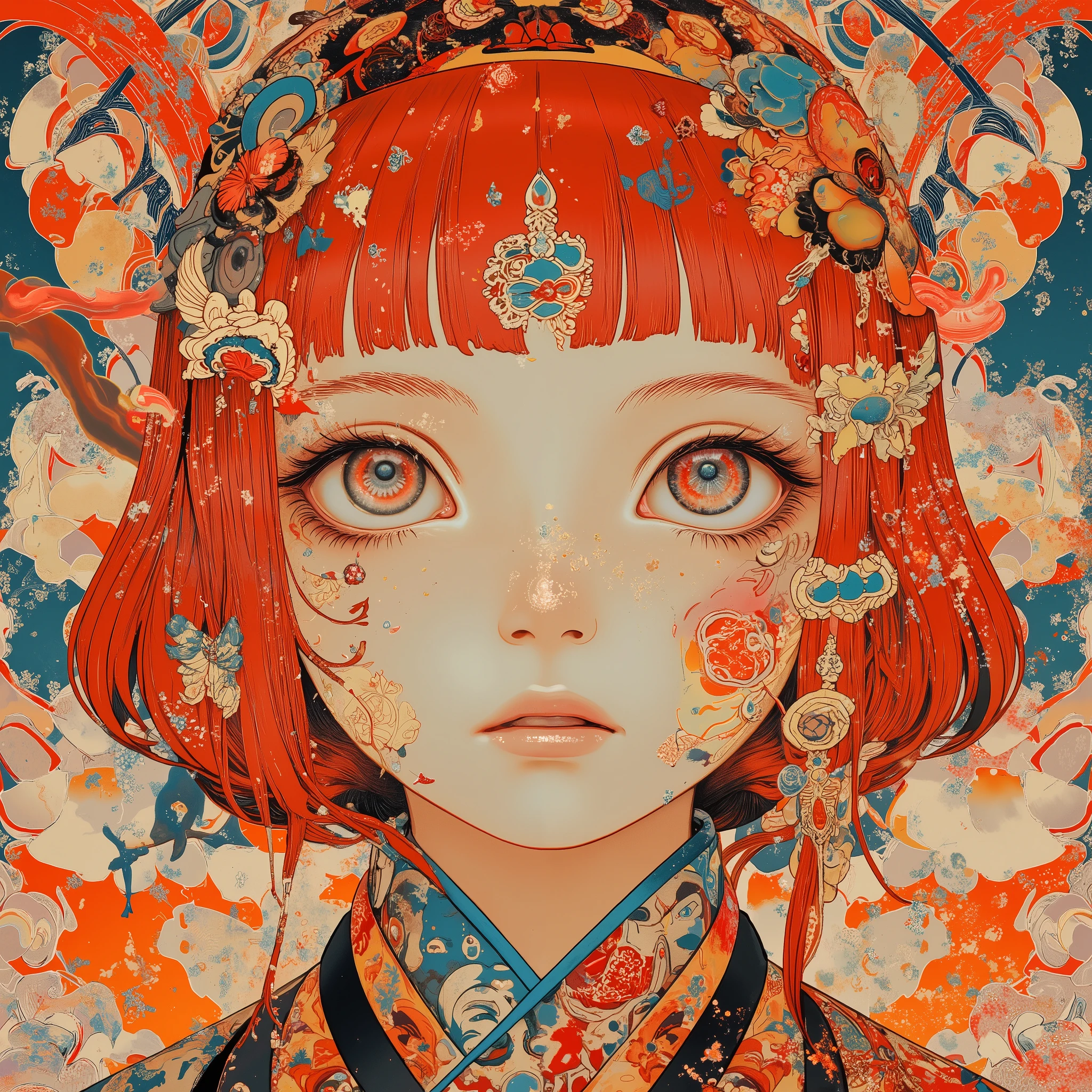 Beautiful realistic digital illustration of a red-haired girl (symbolism, transparent presence, reminiscent of Baudelaire's poems), of the highest quality and highly detailed. Shoulder-length straight bob style, dull bangs, facial expressions staring at the viewer: 1.23, long eyelashes, national costume, early puberty, neutral and expressive brushstrokes, exquisite depiction of facial expressions, kaleidoscopic background of botanicals, fantasy art, colorful, masterpiece