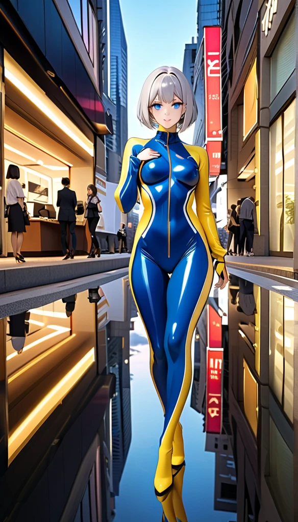 (Multiple girls),(最High image quality, 8k, masterpiece:1.3), (24 years old:1.5), (Grey Hair), ( bob cut ), (Oblique sky blue eyes), ((全身 rubber suit、 black、yellow line、no zipper 、 rubber suit、Gloss、reflection、Perfect fit、Full body shot、City、Office District、Night view)), ([Ultra Clear:1.5), (Glossのある肌:1.1),(Pale skin:1.1),High image quality、Clear contours