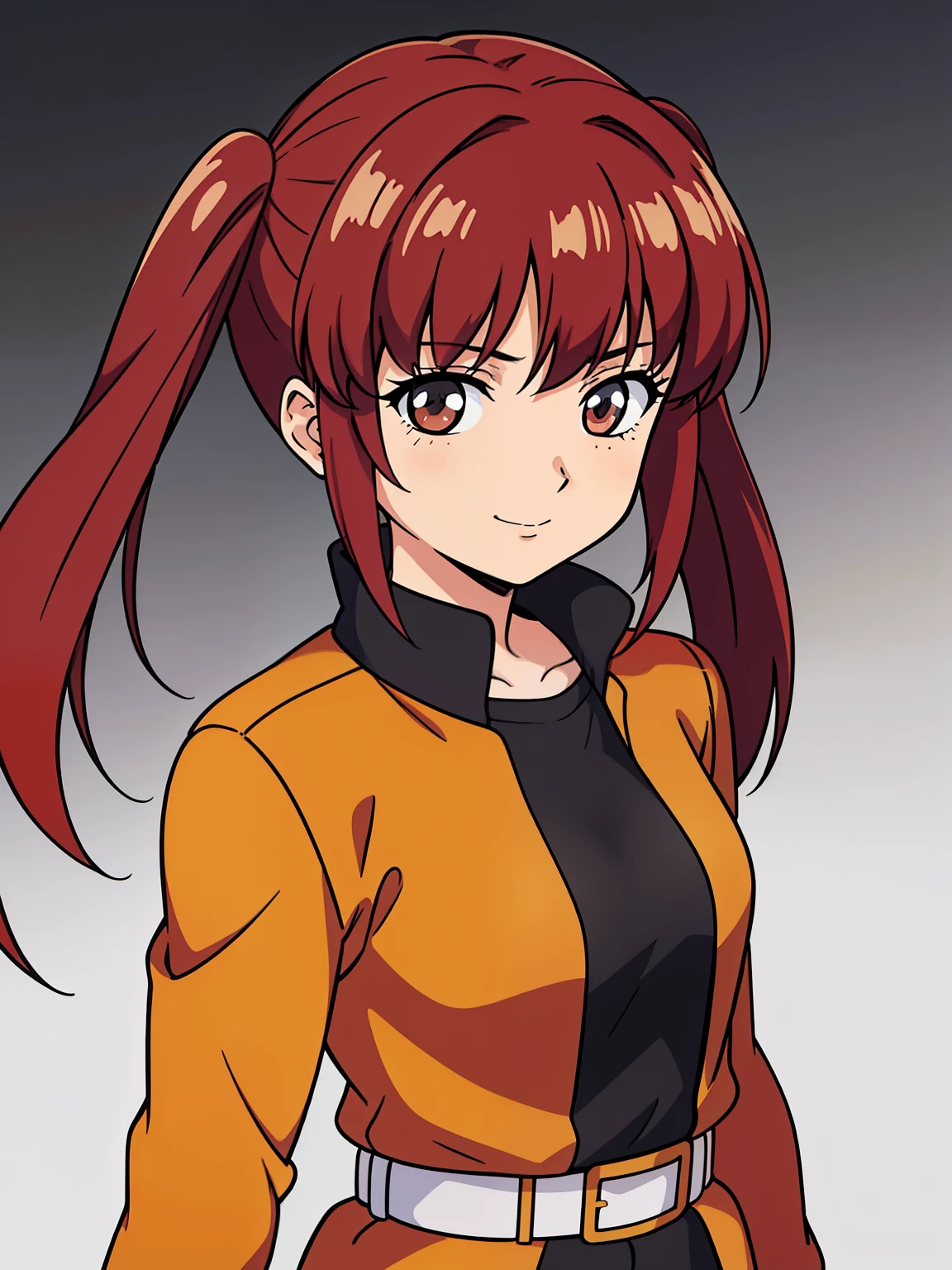 (high-quality, breathtaking),(expressive eyes, perfect face) 1girl, female, solo, ager, red hair, medium hair length, dark brown eyes, sylized hairstyle, pulled back hair, pigtails, light freckles, cute smile, positive expresion, Gundam artstyle, black background, portrait, symmetrical eyes, yellow shirt, red jacket, belt, pants
