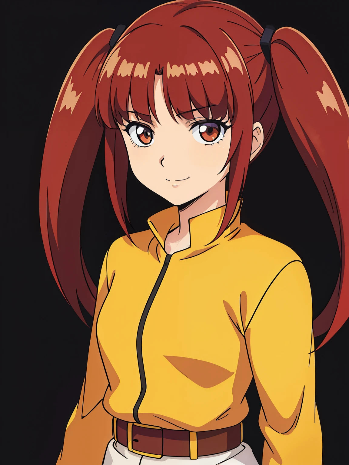 (high-quality, breathtaking),(expressive eyes, perfect face) 1girl, female, solo, ager, red hair, medium hair length, dark brown eyes, sylized hairstyle, pulled back hair, low pigtails, freckles on face, cute smile, positive expresion, Gundam artstyle, black background, portrait, symmetrical eyes, yellow shirt, red jacket, belt, pants, v shaped bangs
