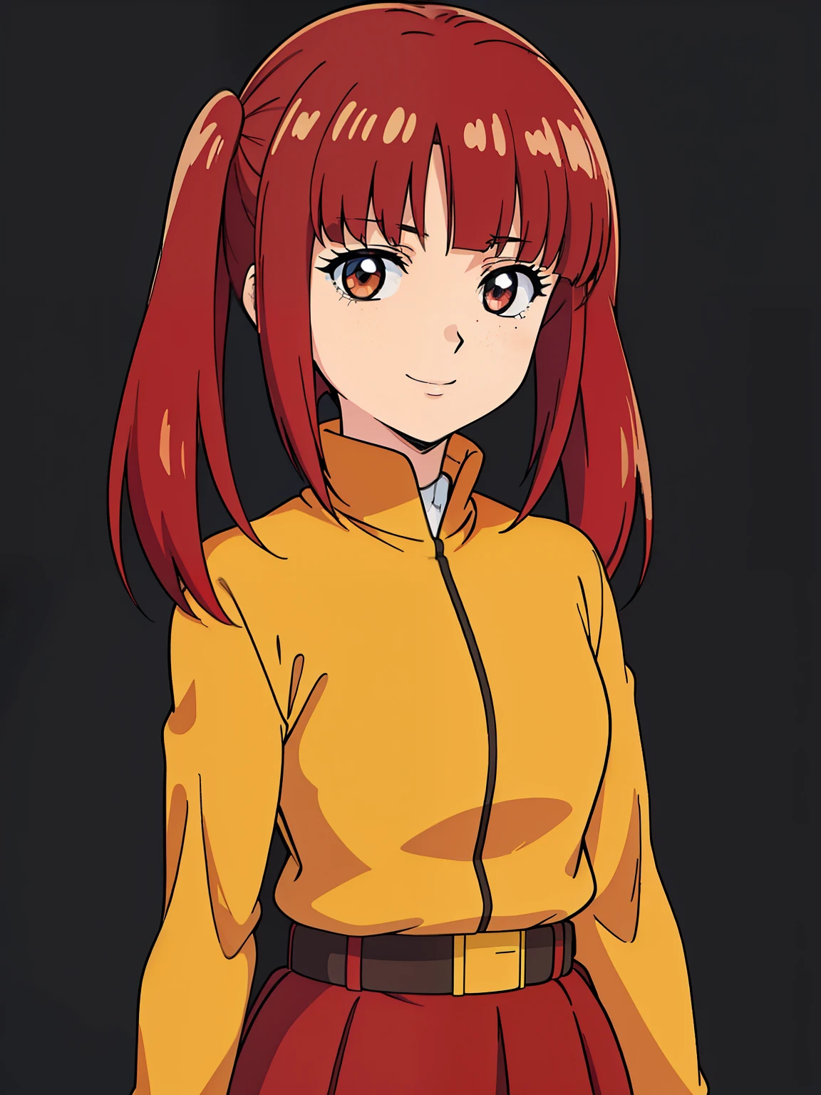 (high-quality, breathtaking),(expressive eyes, perfect face) 1girl, female, solo, ager, red hair, medium hair length, dark brown eyes, low pigtails, freckles on face, cute smile, positive expresion, Gundam artstyle, black background, portrait, symmetrical eyes, yellow shirt, red jacket, belt, skirt, v shaped bangs