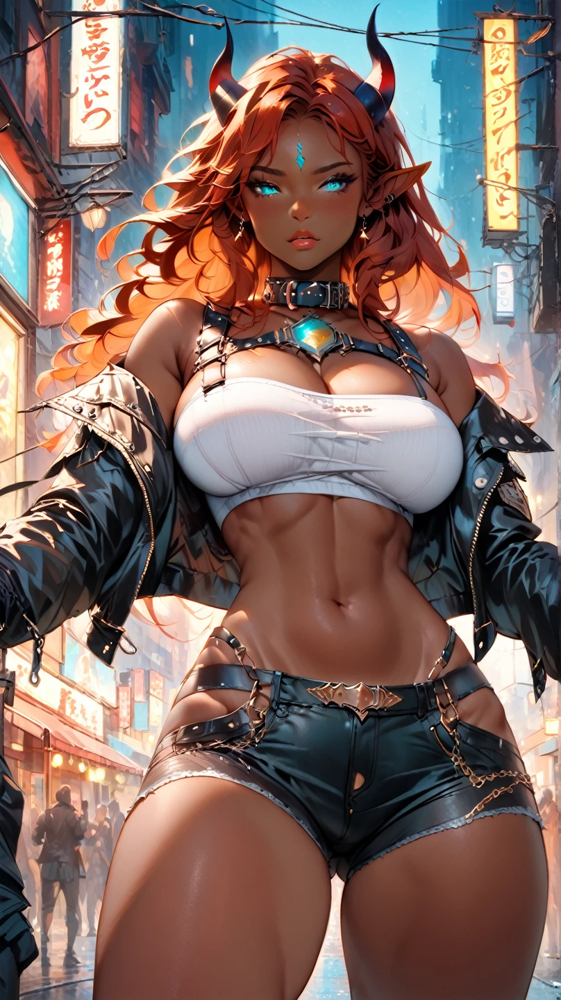 (masterpiece:1.2),(best quality:1.2),(masterpiece, best quality, ultra-high resolution), (1girl), (1 character), red hair, short hair, bright eyes, tanned skin, black leather jacket, patches, tight leather pants, fingerless leather gloves,