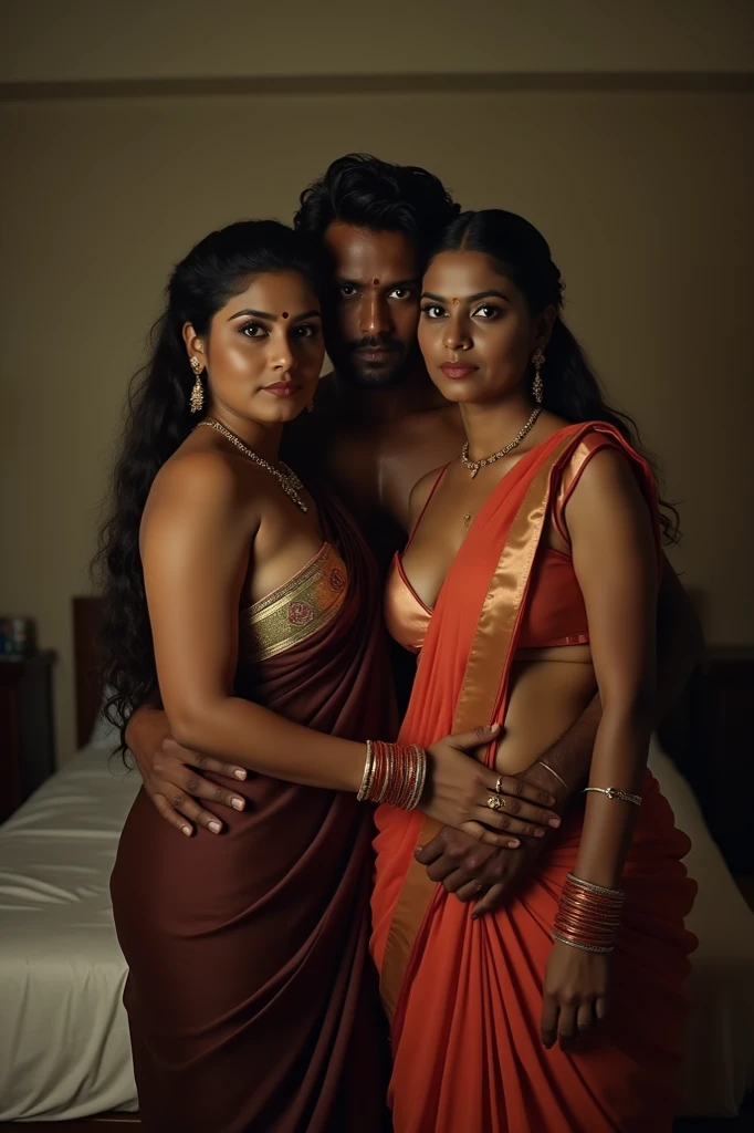hot indian girl in saree surrounded by three local indian guys in a hot seductive way