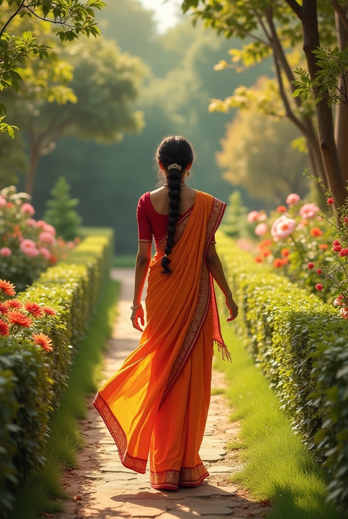 Tamil young women in saree walking in garden,