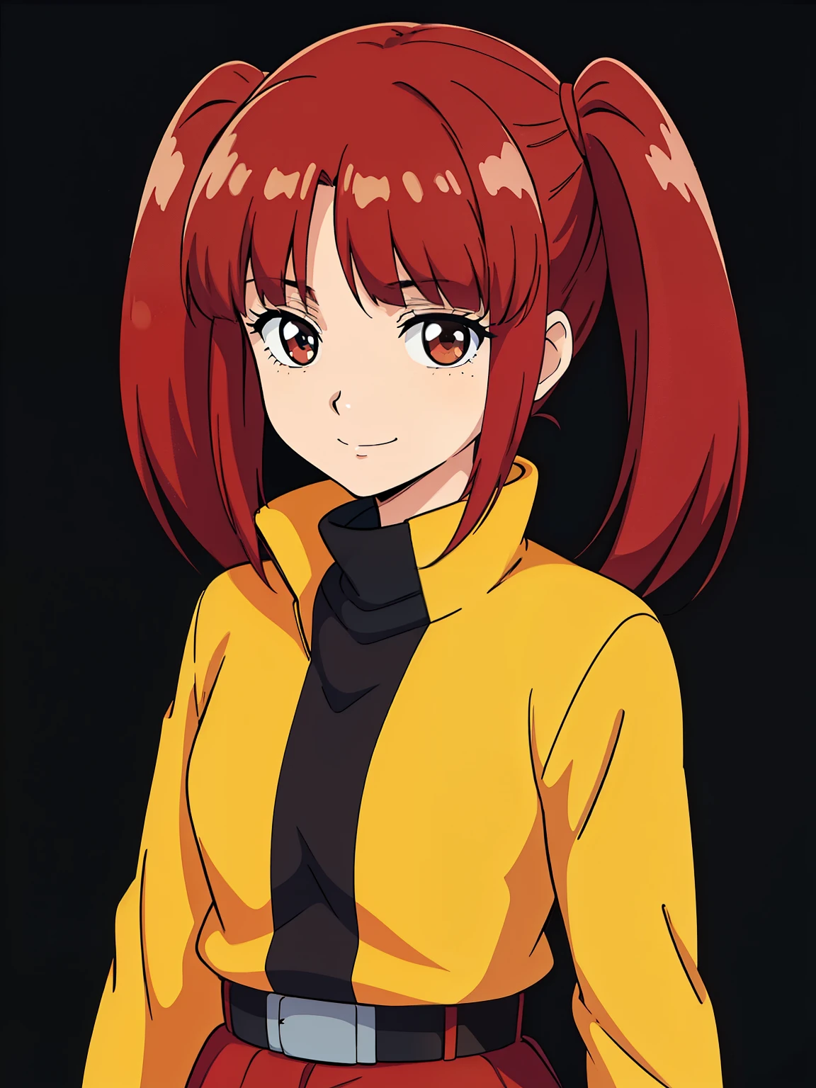 (high-quality, breathtaking),(expressive eyes, perfect face) 1girl, female, solo, ager, red hair, medium hair length, dark brown eyes, french braid pigtails, freckles on face, cute smile, positive expresion, Gundam artstyle, black background, portrait, symmetrical eyes, yellow shirt, red jacket, belt, skirt, v shaped bangs