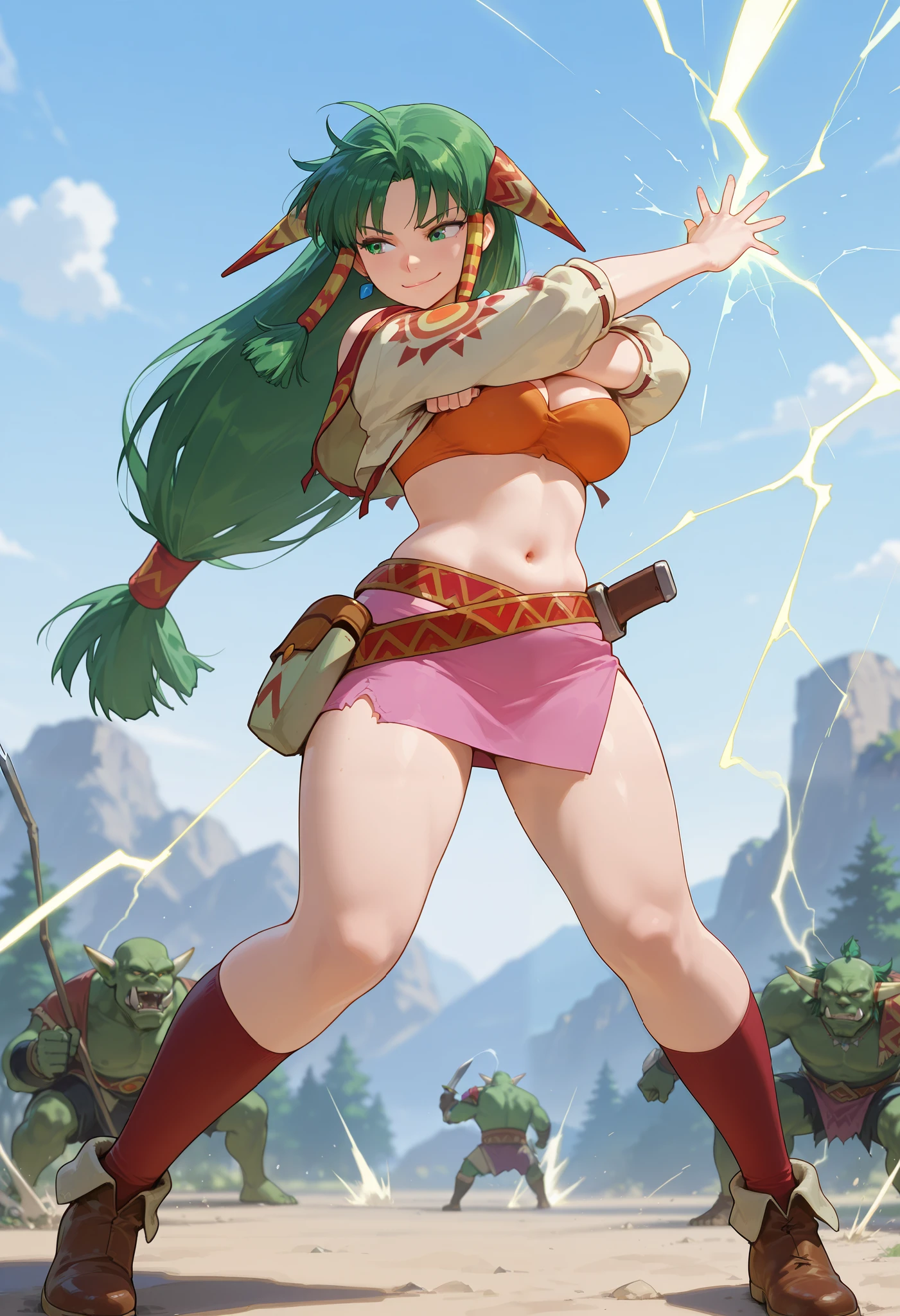 26 yo, face look alike to feena from \(Grandia\), Beautiful Mature young milf, (mature woman with lean perfection abdomen), sweet sweet decissive expression, confident smirk, large natural breasts, Curvy body, (outdoor-casting a lightning magic-spell with 1hand - ready to fight a pack of wolves in fantasy classic Grandia settings), knife holster battle stance, solo, 1girl, blowing whirlwind effects, BREAK, She wears an orange bra top that leaves her abdomen exposed, paired with a small short pink skirt held up by a thin red belt. Covering her arms is a tan-colored shawl adorned with patterns on both sleeves. Her long green hair flows down her back, with some sections tied through two patterned hair accessories. She completes her ensemble with ripped red socks that extend past her knees and brown shoes featuring tribal patterns similar to those on her belt and shawl, official arts, dynamic jrpg view, cinematic dynamic angles, fantastic fantasy vibrant background, fighting monsters, surrounded by monsters orc goblins,
