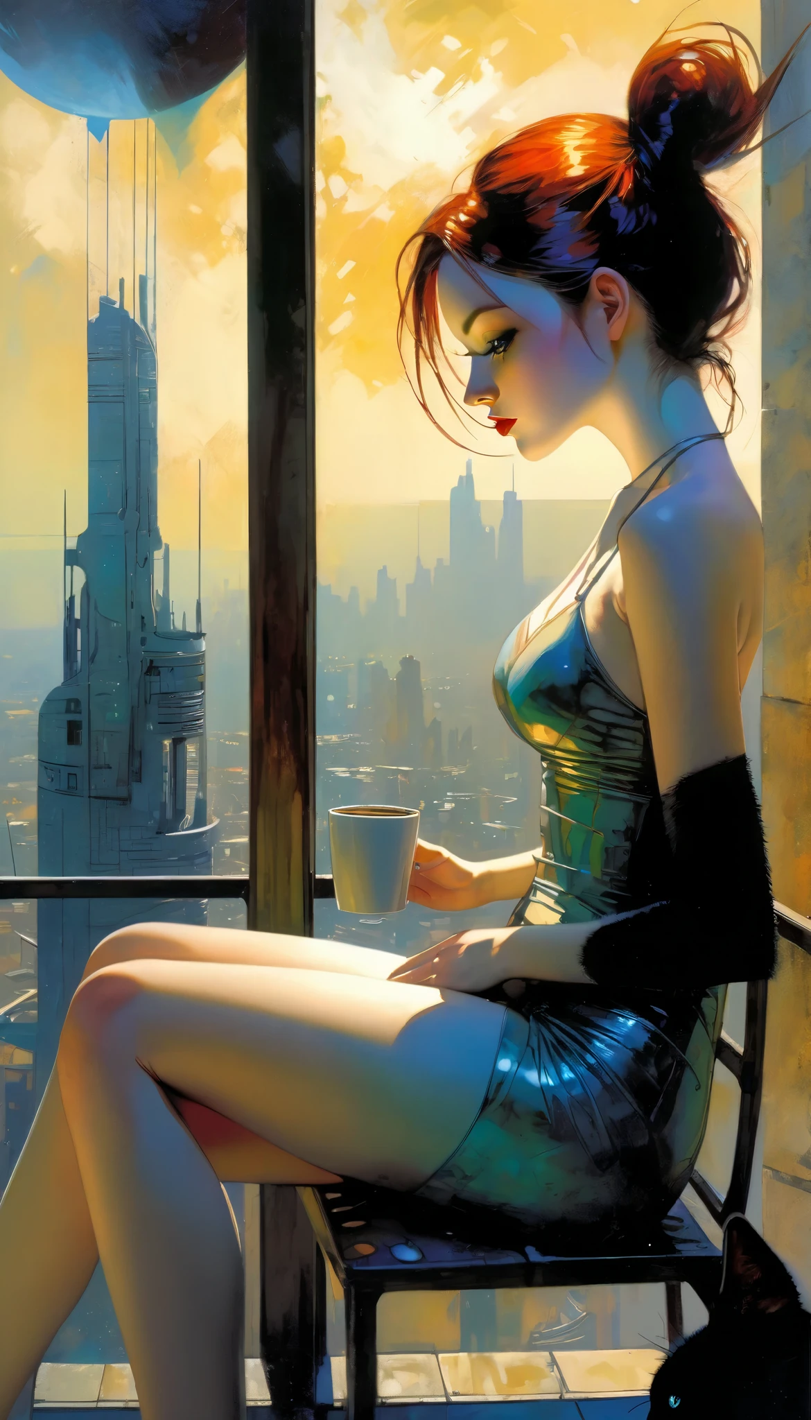 sexy girl, in a tank top and panties, having a coffee, enjoying the views from a large terrace, views of a futuristic city:1.5. (art inspired in Bill Sienkiewicz). oil painting)