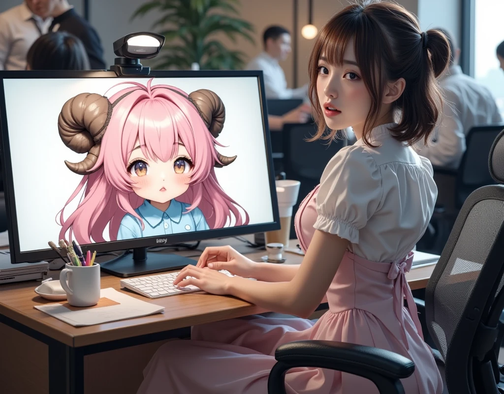 ultra-realistic, photorealistic, dramatic scene, shadow, global-illumination, 1 woman\(young Japanese beautiful woman, very beautiful fragile Japanese girl, very beautiful with very cute but boyish cool face, very large breasts, slim waist, wearing a office worker's elegant uniform, looking at viewers and showing peace sign\), the large computer display is displaying an 2D animated sheep girl\(cute chibi anime, chibi, 2D animated cute sheep girl, chibi-anime-girl, long pink fluffy hair, sheep girl, dark beige round horns, thick eyebrows, smile, pink dress, sky blue cardigan, sitting in the busy office room\), in the stylish office room, the woman is having a web conference with the 2D animated chibi-sheep-girl