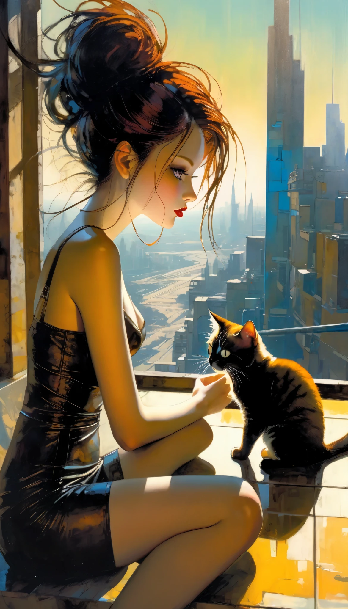 sexy girl in lingerie and her pet cat, alone, having a coffee, enjoying the views from a large terrace, views of a futuristic city:1.5. (art inspired in Bill Sienkiewicz). oil painting) (best quality,4k,8k,highres,masterpiece:1.2),ultra-detailed,(realistic,photorealistic,photo-realistic:1.37),intricate details,vivid colors,sharp focus,professional,(best quality,4k,8k,highres,masterpiece:1.2),ultra-detailed,(realistic,photorealistic,photo-realistic:1.37),intricate details,vivid colors,sharp focus,professional,Dave McKean artwork, oil touch of surrealism,oil painting style,portrait,woman,beautiful detailed eyes,beautiful detailed lips,dreamlike atmosphere,shadow play,soft lighting,playful pose