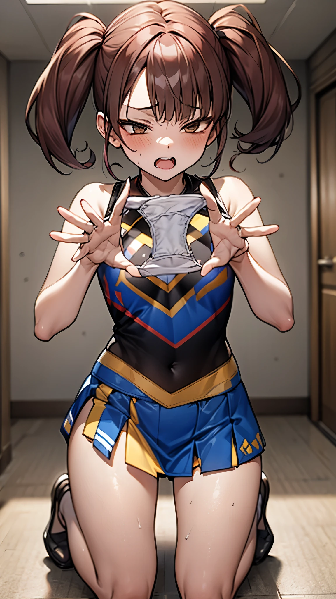 1080P,16K,ACCURATE,ANATOMICALLY CORRECT,BEST QUALITY,HD,HIGH QUALITY,HIGHRES,ASTERPIECE,RETINA,SUPER DETAIL,TEXTUREDSKIN,UHD,
basement,cheerleader,close legs,Kneeling,((peeing)),((girl trembling with sexual climax)),Presenting Panties,brown twin tail,Heart-shaped hole in the chest
