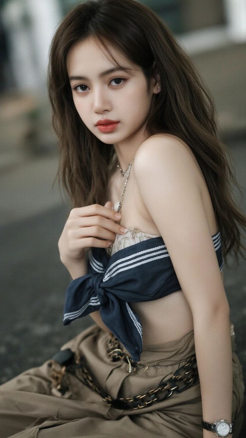 A woman who has been and tied up is squatting on the shore of a lake、Her hands are behind her back and her wrists are tied with rope、Beauty、Wearing a short-sleeved blouse、She is wearing a skirt with a Barbarian pattern.、View from directly behind、Looking Ahead、black hair, bangs, floating hair, straight hair, shiny hair, eyeball, blush, blush, shy, Surrealism, cinematic lighting, first-person view, pov, pov, UHD, best quality, highres, 8k