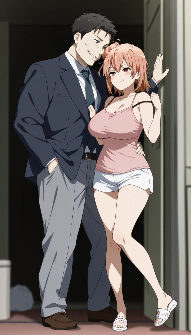 asakura_yume,Brown Hair,Medium Chest,Aqua Eye,White skin,((1Man Middle Aged Man)),((Hotel Rooms)),((Are standing)),smile,((Breast augmentation)),(((Navy blue_Camisole long dress_Knee-length))),((valley)),No bra,smile,(Yume Asakura and a middle-aged man are in the room.),
